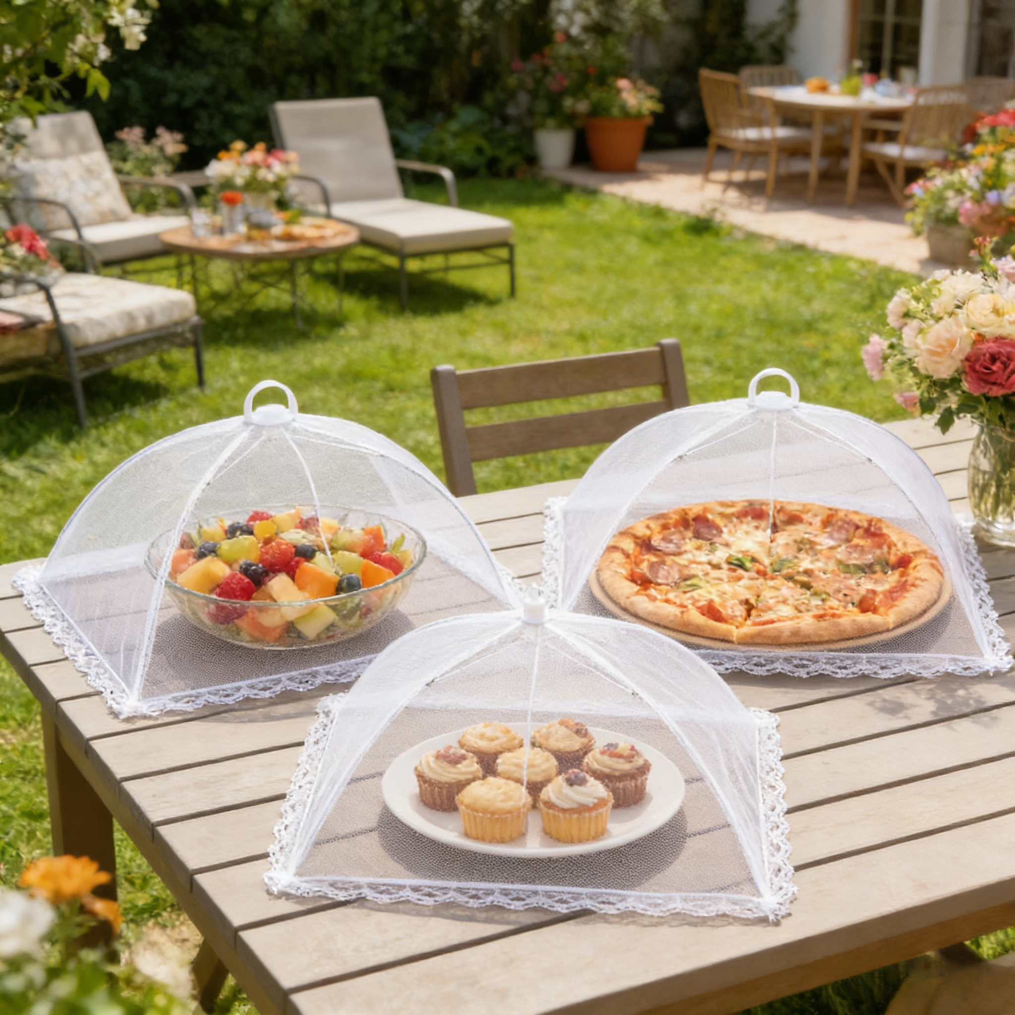 TEMU 3 White Food Covers, Jumbo Size 43cm X 43cm, Foldable White Mesh Food Tents - Washable, Perfect For Outdoor Gatherings, Barbecues And