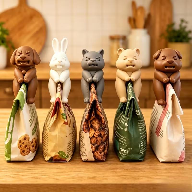 TEMU 5-pack Cute 3d Animal Snack Clips – Creative Puppy, Bunny, Cat & Bear Chip Bag Clips, Airtight Aesthetic Sealer For Food Freshness, Adorable