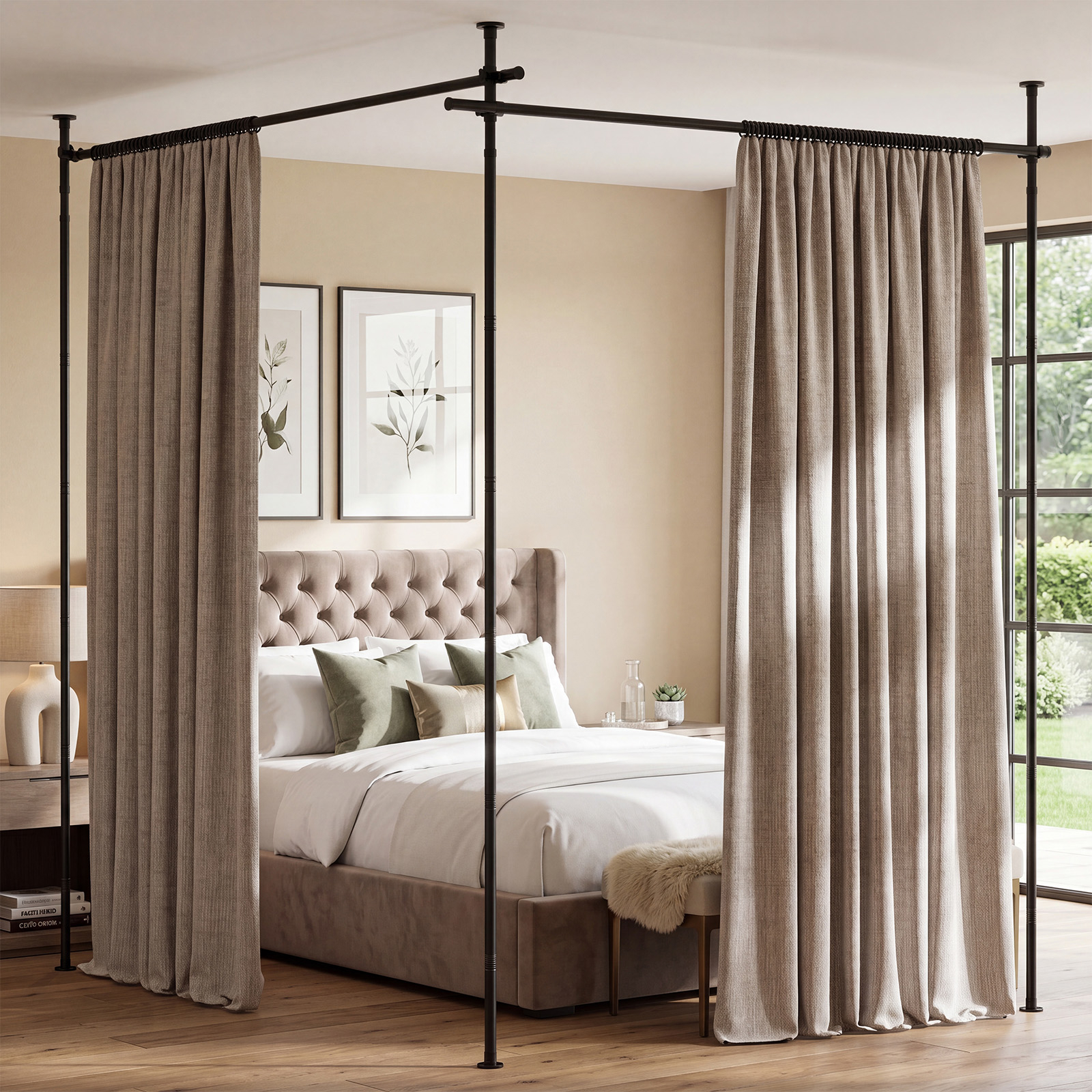 Image of No-drill Room Divider Curtain Rod, Adjustable Room-dividing Curtain Rod; Durable Metal Room Divider For Living Rooms And Bedrooms