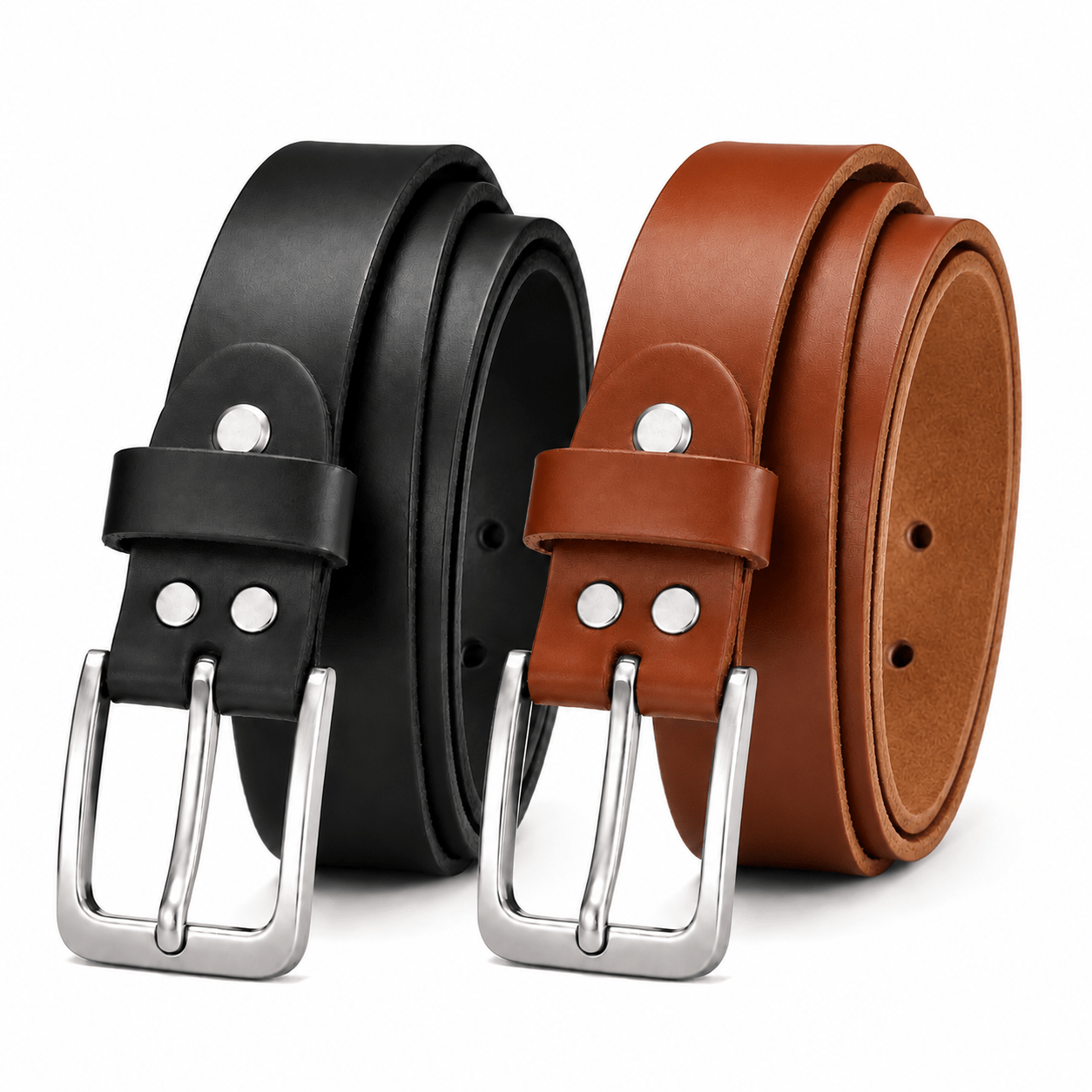 2pcs Set Men's Leather Belt, 3 Cm Narrow, 100% Genuine Leather, Individually Adjustable, , Silvery , For Suit, Jeans And Chino