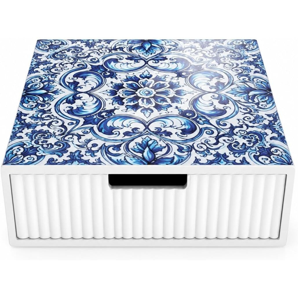 TEMU Cecaro Group Porta Capsule Caff癡 con 3 Scomparti, Organizer Coffee Station con Piano in Vetro Decorato Maiolica Blu, Portacialde da Appoggio per