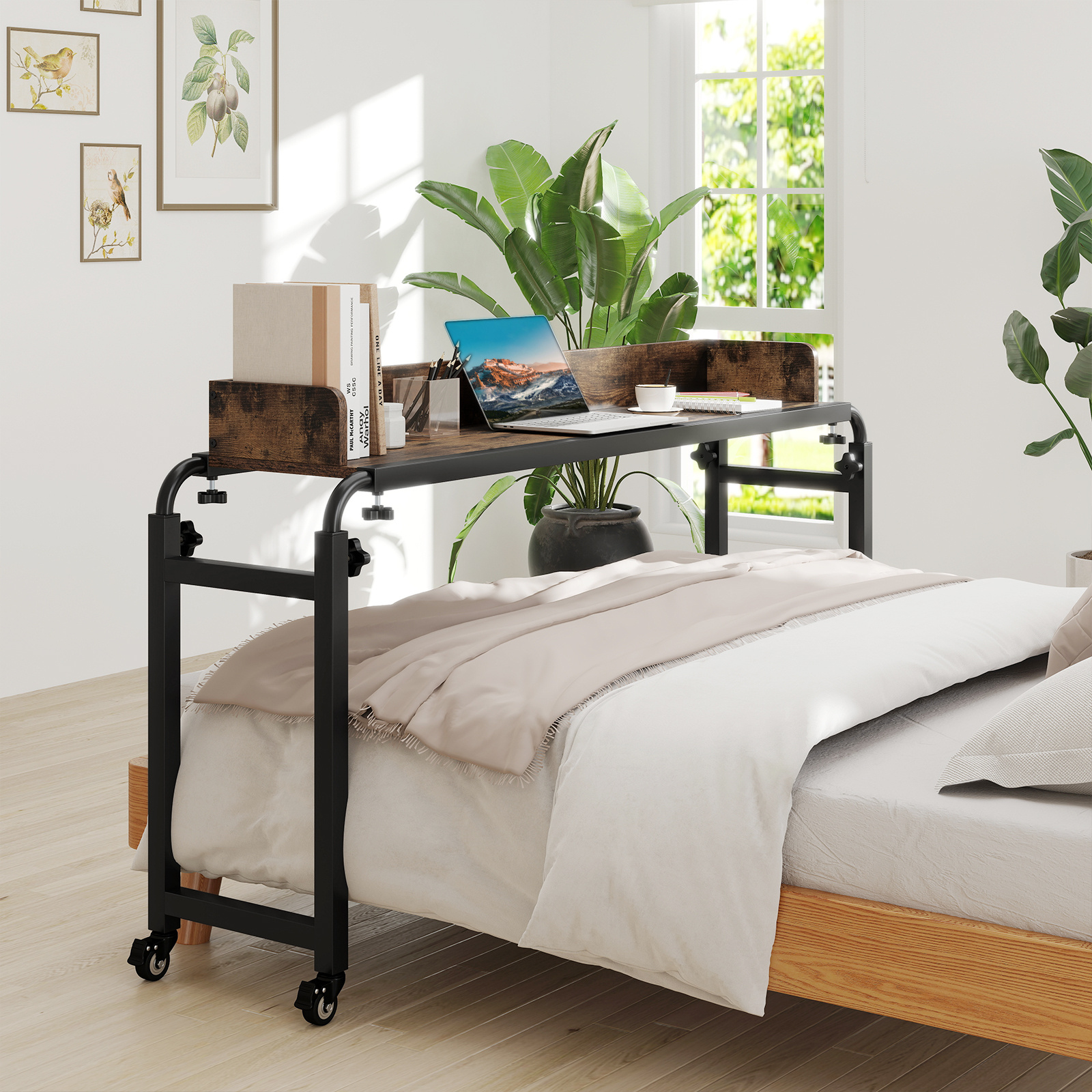 Image of Overbed Desk With Wheels, Queen Size Mobile Bed Desk With Adjustable Height & Length, Rolling Computer Desk With Metal Frame, Laptop Cart For Bedroom, Living Room, Home & Hospital