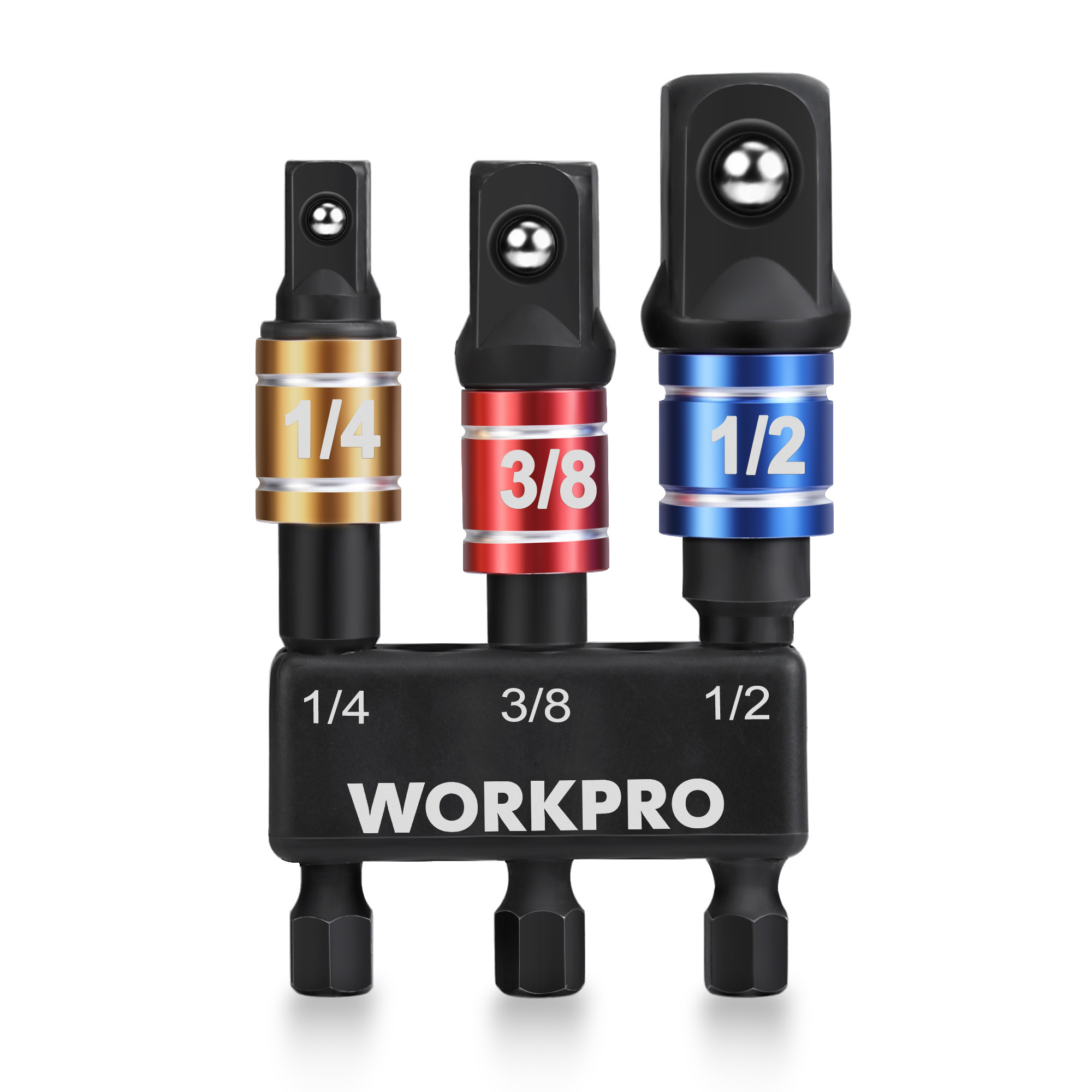 Image of Workpro Socket Adapter 3-pc, 1/4" Bit, 1/4", 3/8", 1/2" | With Holder, Suitable For Drill Machines And Impact Wrenches, Quick Change Between 1/4", 3/8" And 1/2"