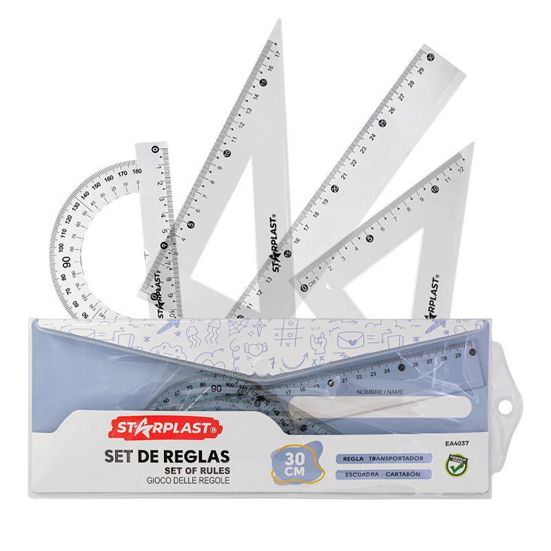 TEMU Juego de Reglas 30 cm Transparente – 12 cm, Cartabón 17 cm, Transportador 13 cm + Estuche | Set Escolar y Oficina STARPLAST Color aleatorio