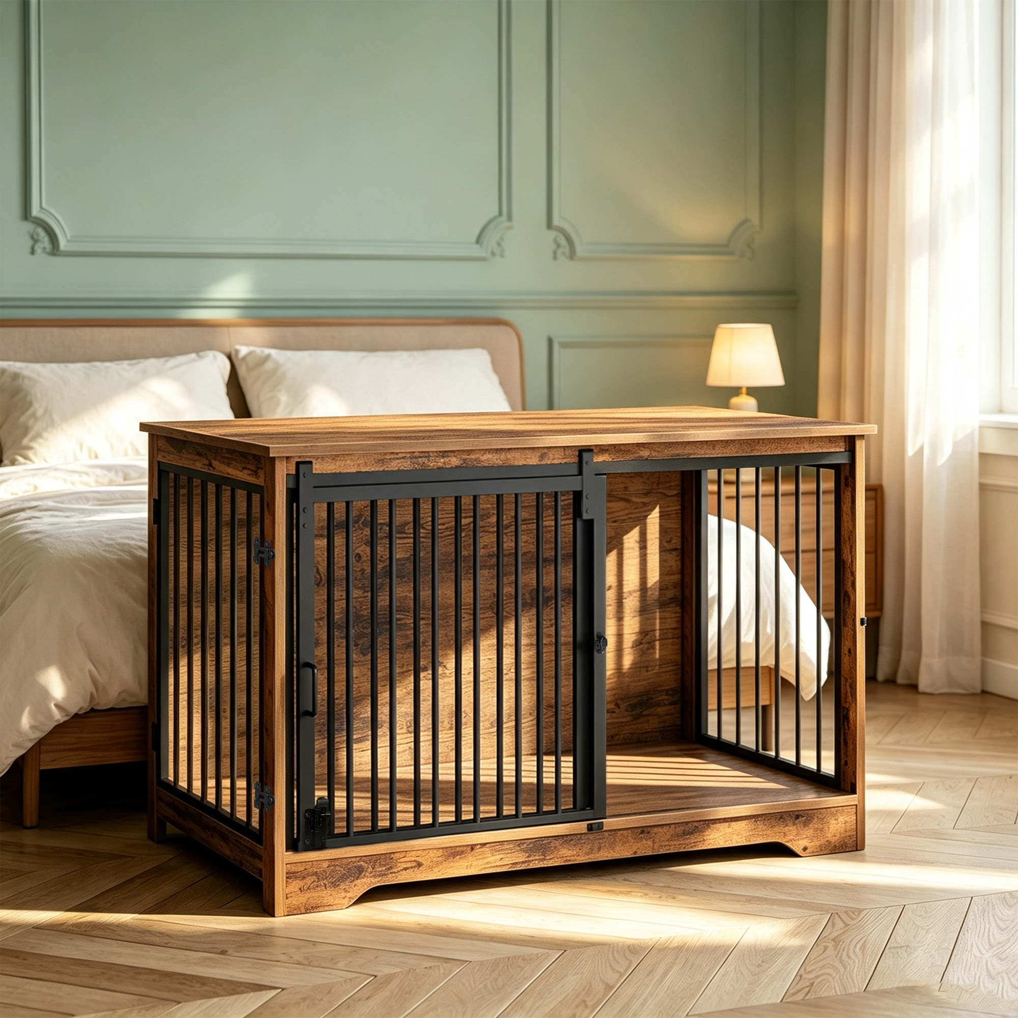 Image of Furniture Dog Crate With Sliding Door, Country Brown Medium-sized Kennel, Bite-proof, Safe, Multi-functional Indoor Dog Crate