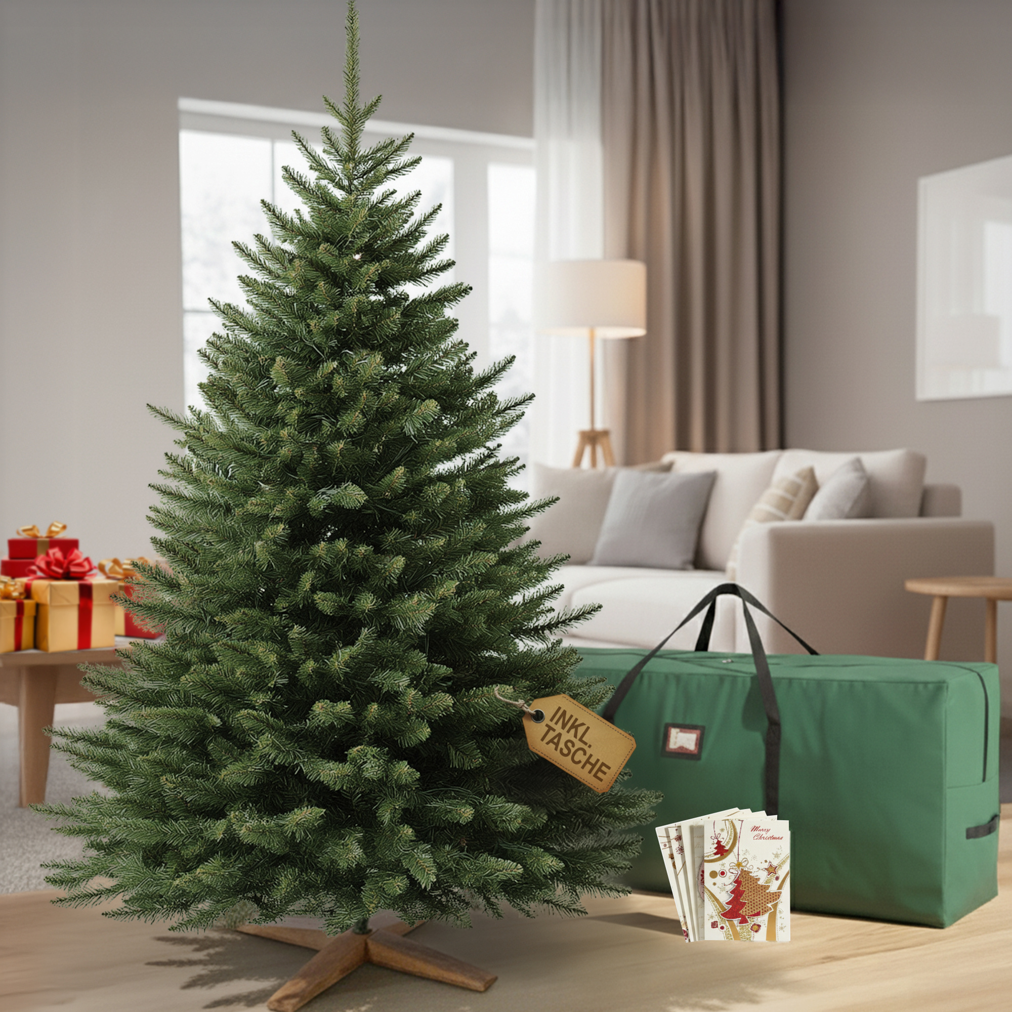 Image of Artificial Christmas Tree 180 Cm Or 220 Cm With Massive Wooden Stand - Pine Tree With Dense Branches, To Ignite, Assembly, Disassemblable And Reusable.