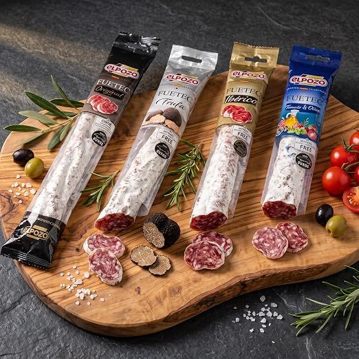Image of Elpozo Fuetec Probierset - 4 Spanish Fuet Sausage Varieties - Original, Iberico, Truffle, Tomato-olive - Air-dried Salami Without Nitrates, Gluten And Artificial Colors, 640 G