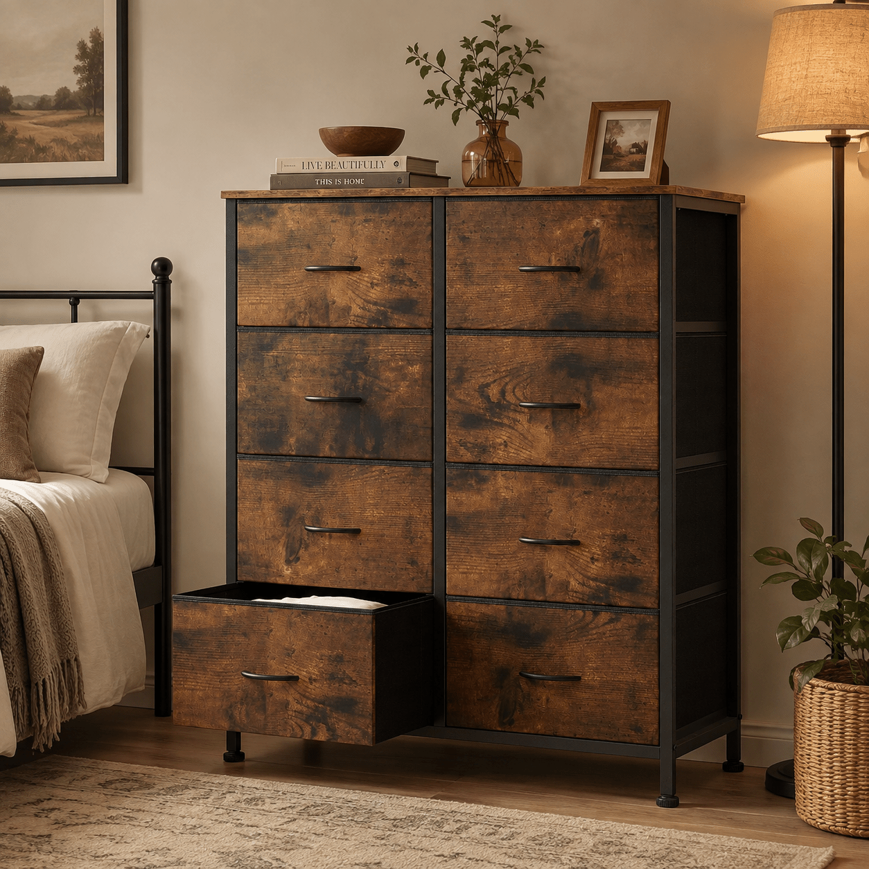 Dresser For Bedroom With 8 Drawers, Organizer Unit With Wood Top And Metal Frame, Organizer For Clothes, Closet, Entryway, Furniture, Brown