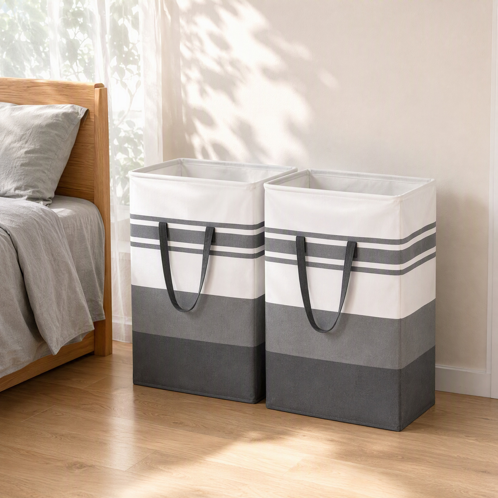 2 Pack Laundry Hamper, Large Capacity Fabric Laundry Basket With Reinforced Handles, Grey Striped Collapsible Clothes Storage Bin For Bedroom Bathroom