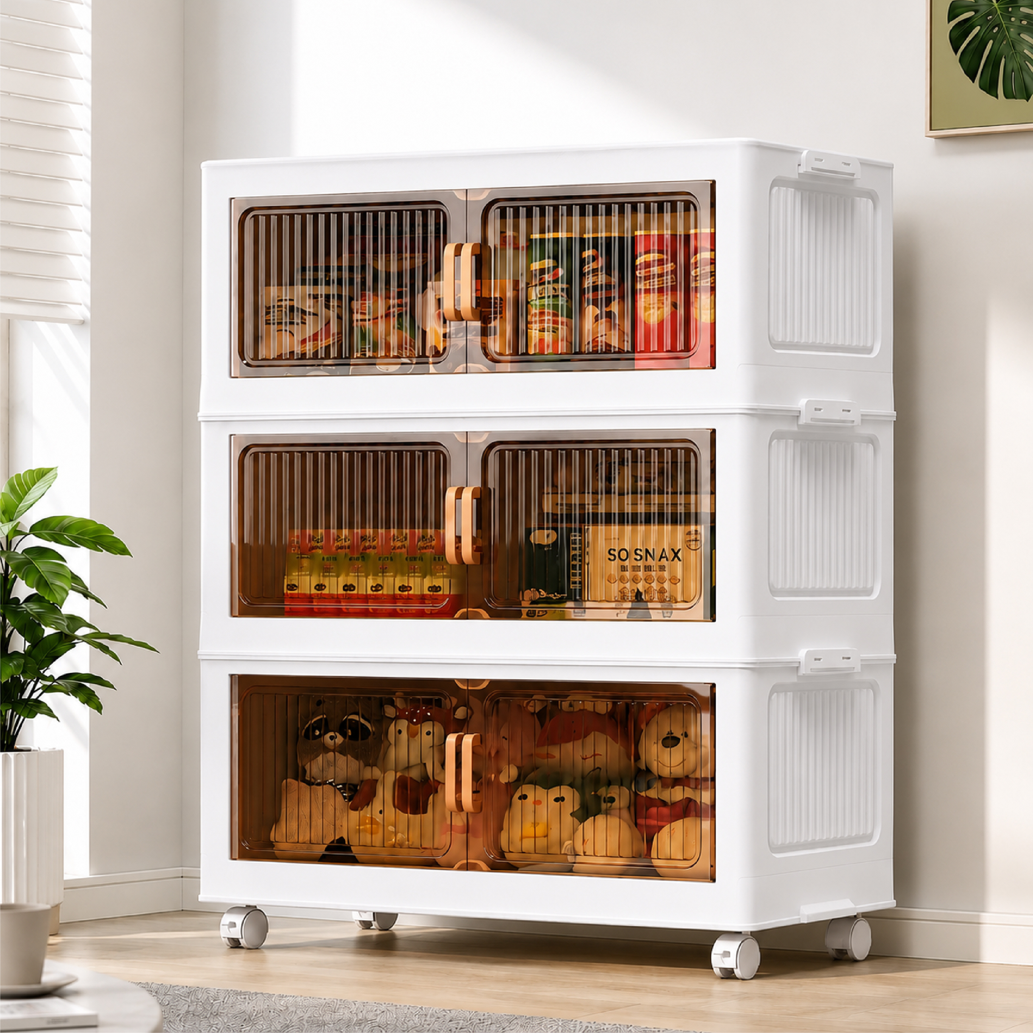 TEMU de Almacenamiento Organizador Plegable Apilable con , Ruedas y Puertas Transparentes, Armario Organizador con Cierre Magnético, Mueble Auxiliar