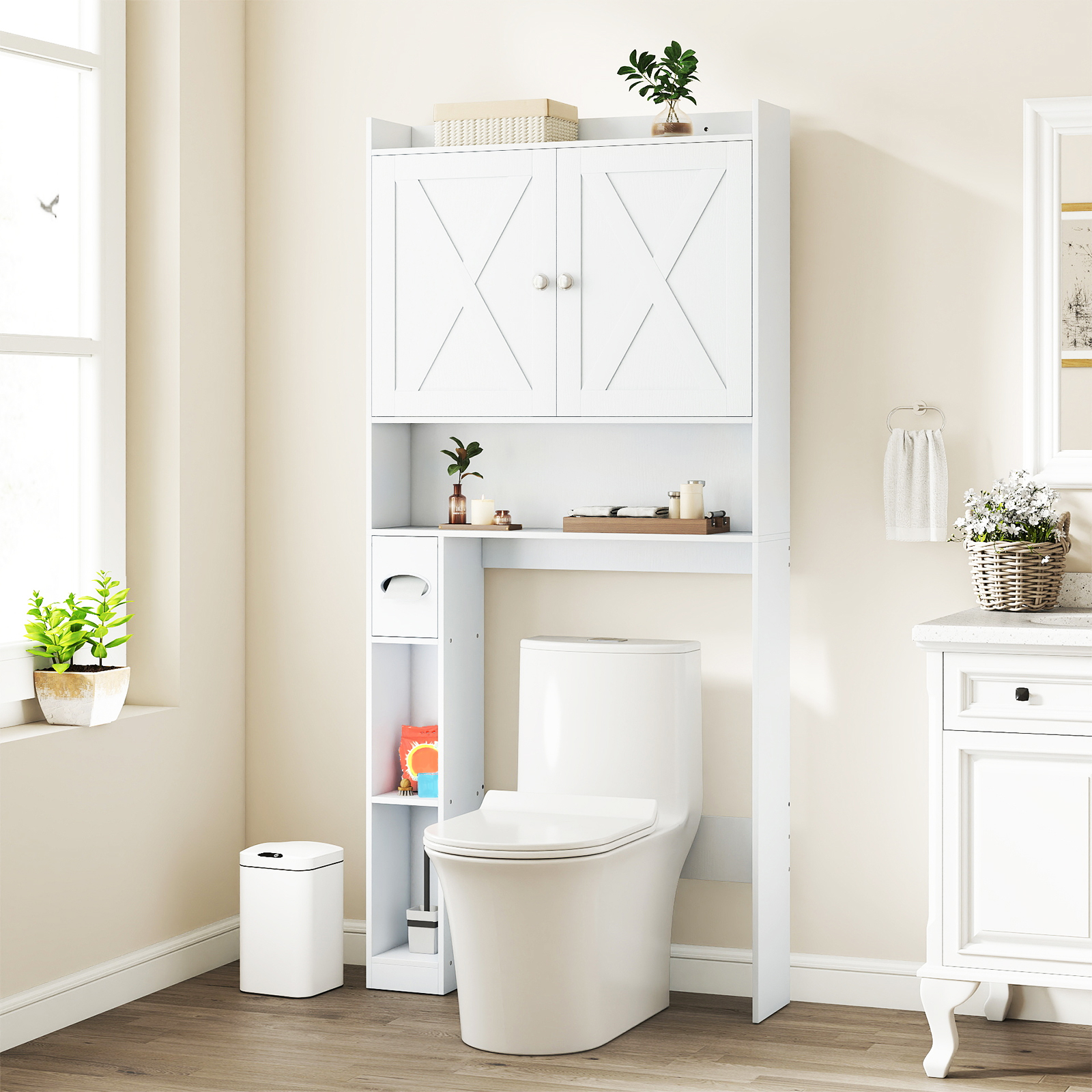 Image of Over-the-toilet Cabinet, Farmhouse Bathroom Storage Cabinet Barn Doors, Adjustable Bottom Bar And Shelf, Toilet Paper Holder