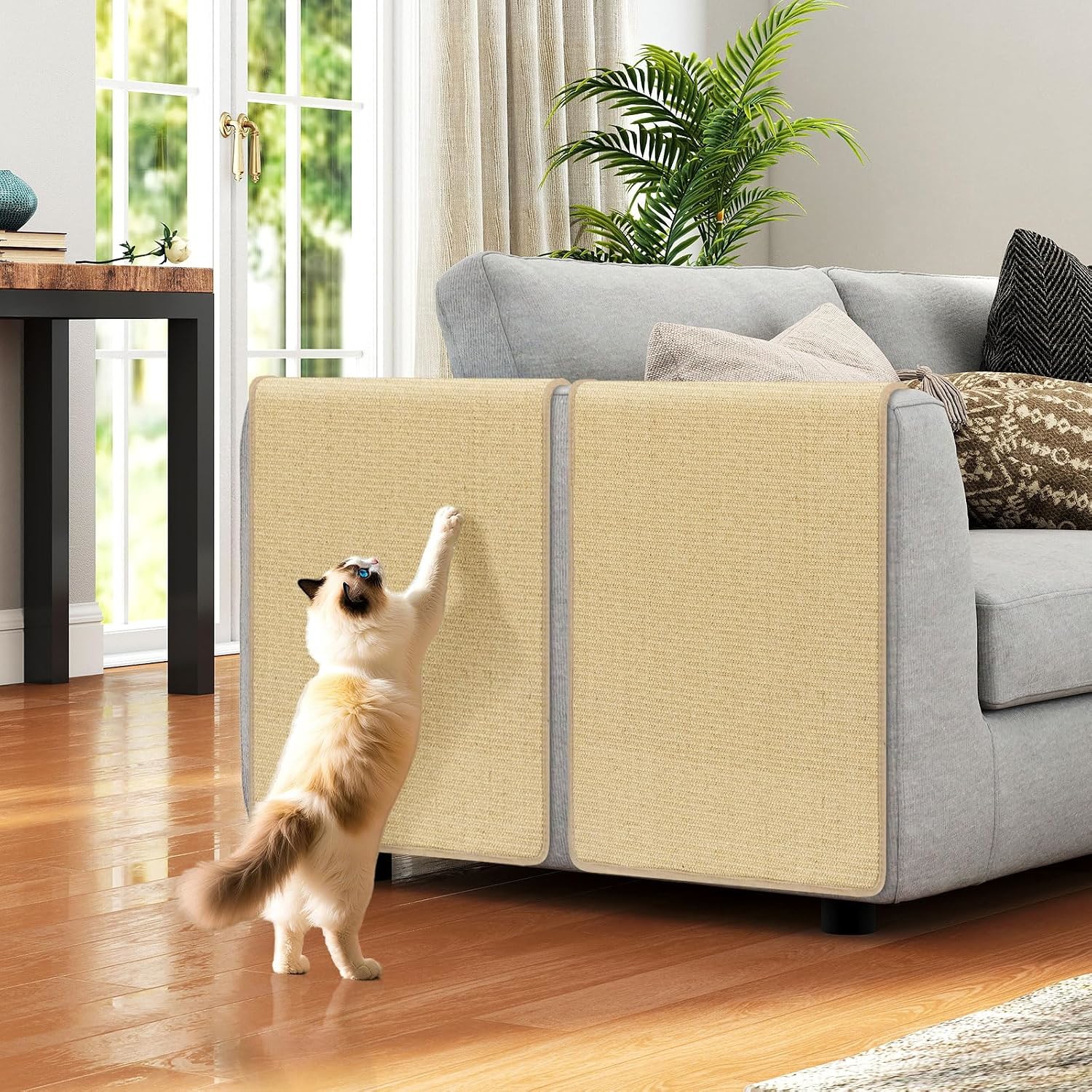 Image of 2-piece Cat Scratcher Mat Set, 80 X 50 Cm Natural Sisal Pads For Indoor Cats W/ Adhesive Hook Loop Tapes, Horizontal Kitty Floor Scratching Rugs Wall Scratcher, Protect Carpet Fabric Sofa Couch