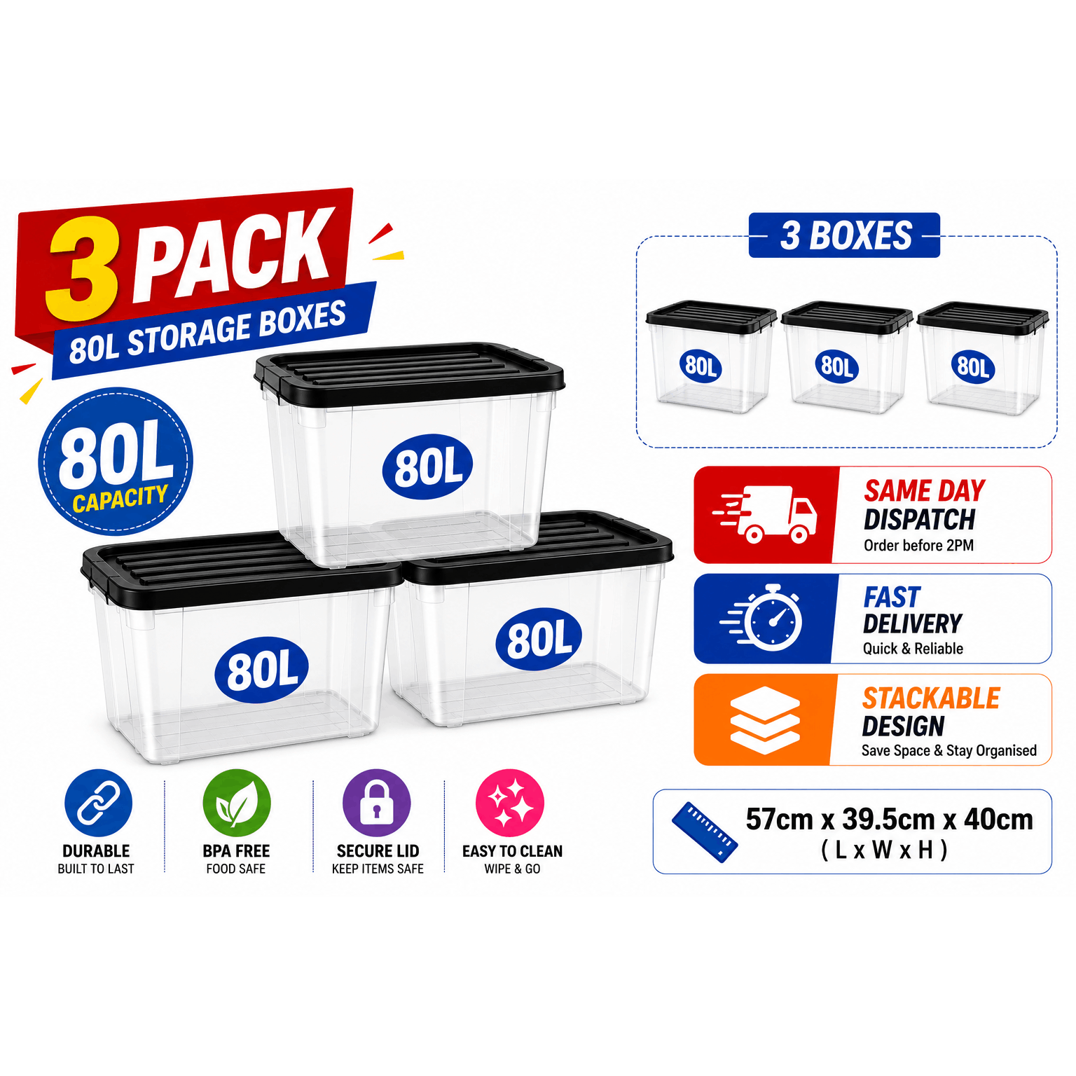 80L Extra Large Clear Storage Box with Lid