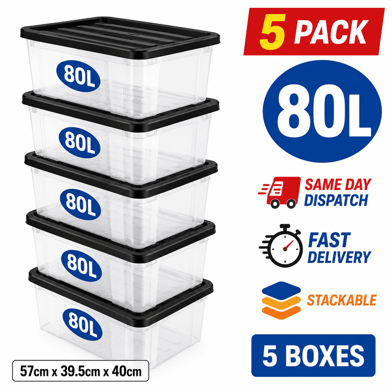 80L Extra Large Clear Storage Box with Lid