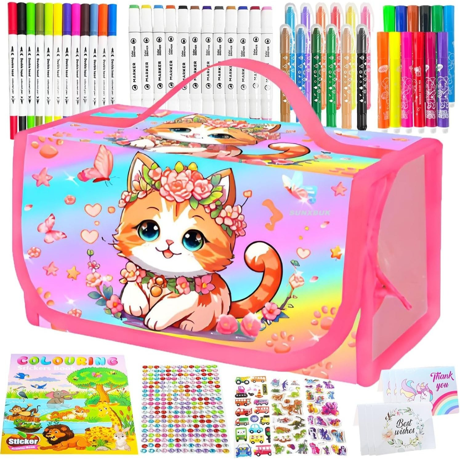 Image of 64-piece Art Set For Kids, Toys For Girls Ages 4+, Felt-tip Glitter Pens, Pencil Case, Gifts For Children Ages 3, 4, 5, 6 (cat)