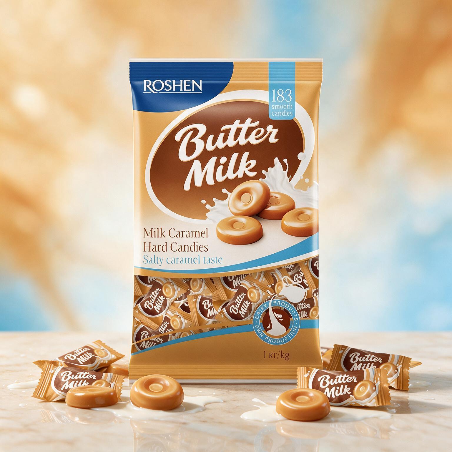 Image of 1 Kg Roshen Hartkaramellen Butter Milk - A 1kg Package Of Pure Caramel Delight, Seducing With A Tender, Buttermilk-like Aroma.