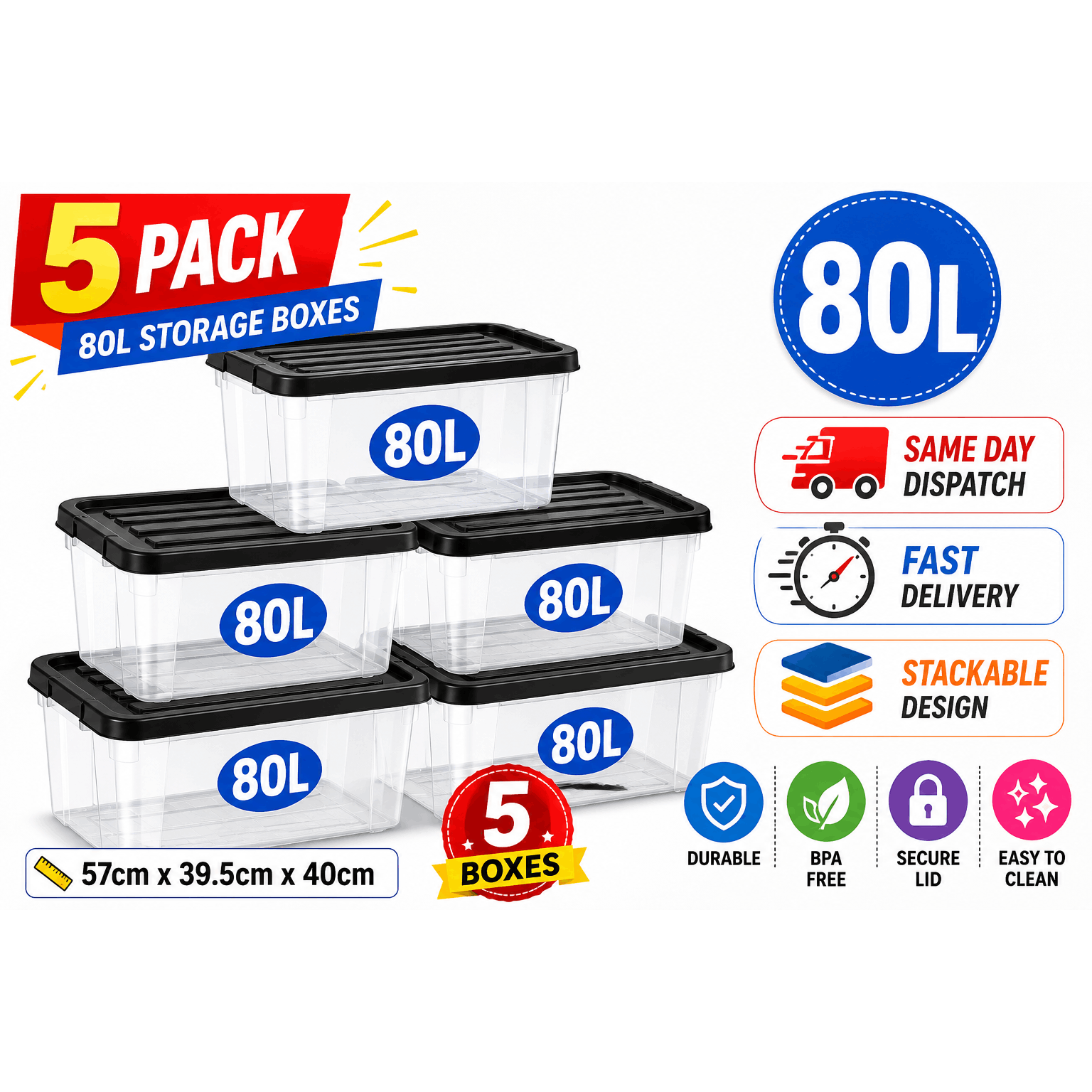 80L Extra Large Clear Storage Box with Lid