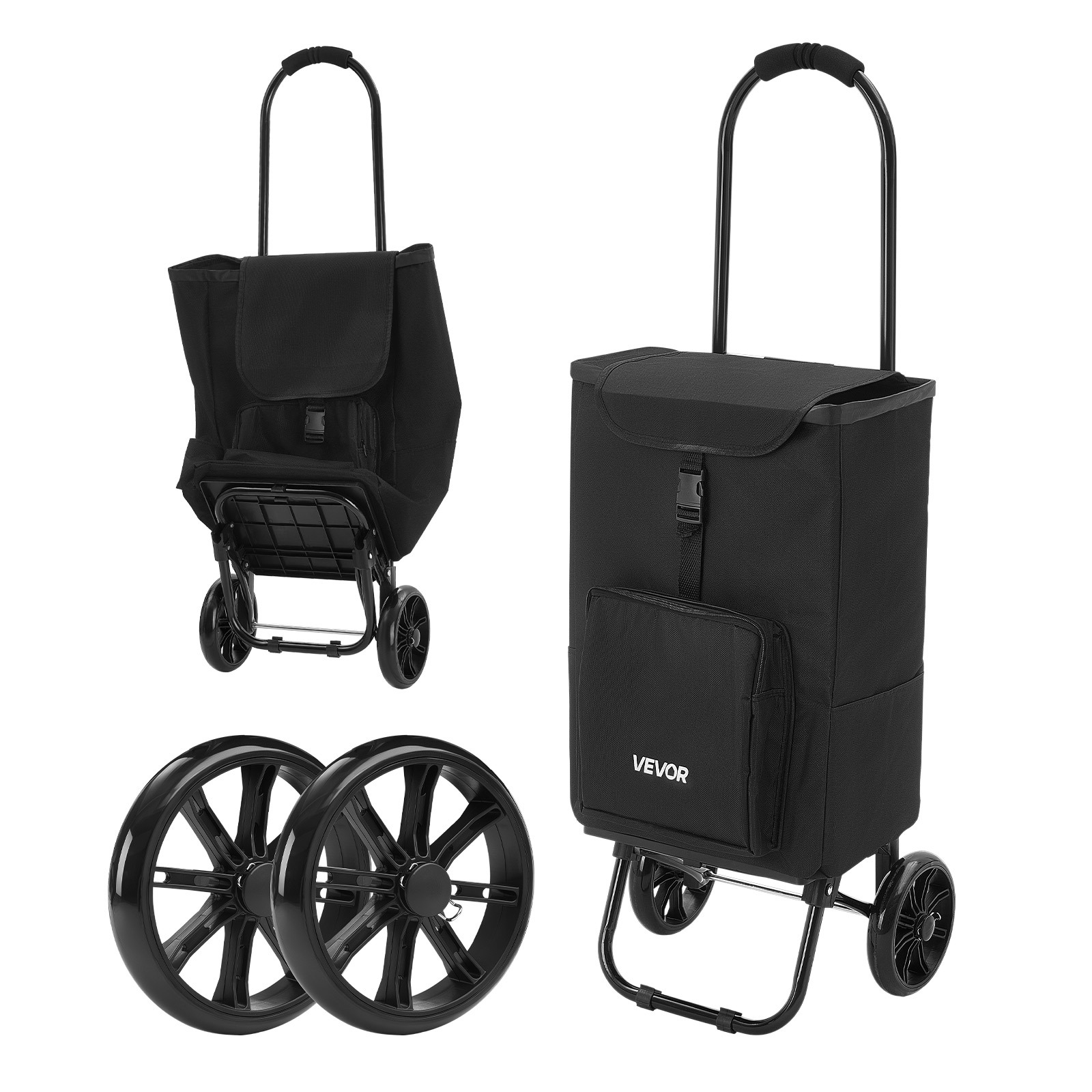 Vevor Shopping Cart With Wheels Foldable For Groceries Black, 2-in-1 Rolling Utility Cart With Detachable Bag, Soft…: retailer-supplied image