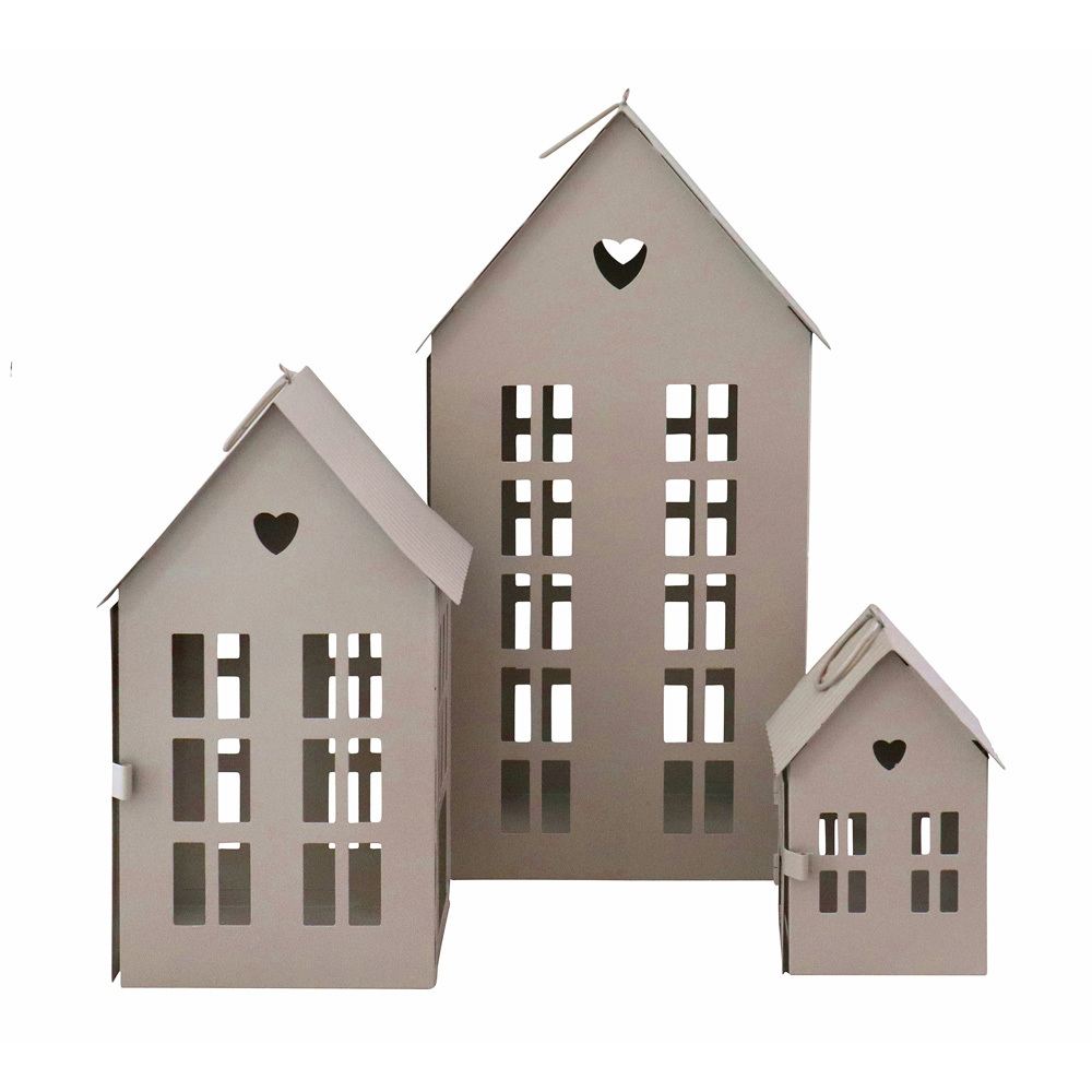 Image of 3pcs Candle Holder Lantern Beige House Metal Lantern With Heart Cutout (3 Sizes)