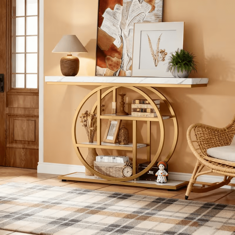 TEMU Mesa de consola rústica de 100cm con almacenamiento de 4 niveles - Mesa para entrada y sofá, adecuada para , mesa de madera de montaje con