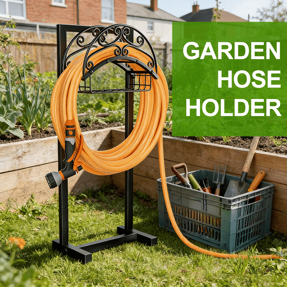 Image of Garden Water Hose Holder, With Storage Basket For Outside, Holds 151ft Heavy Duty Freestanding Hose Reel Hanger & Stand, Detachable Metal Storage Rack, For Outside Yard Lawn Outdoor Backyard Decor