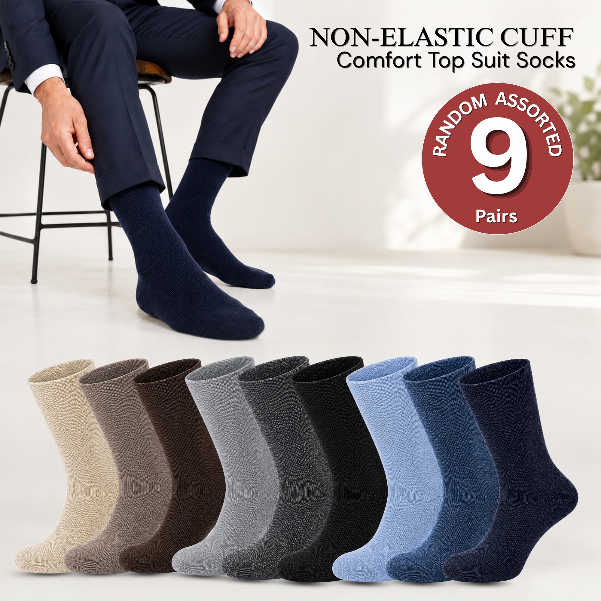TEMU Pack Of 9 Men's Diabetic Suit Socks, Random Assorted Multipack, Soft Breathable Stretchy Socks For , Smooth Knit Business Dress Suit Socks For