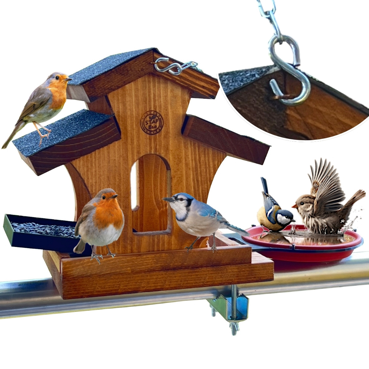 Image of Bird Feeder And Birdhouse For - Brown Wood, With Feeding Drawer And Practical Holder For Balcony And Garden