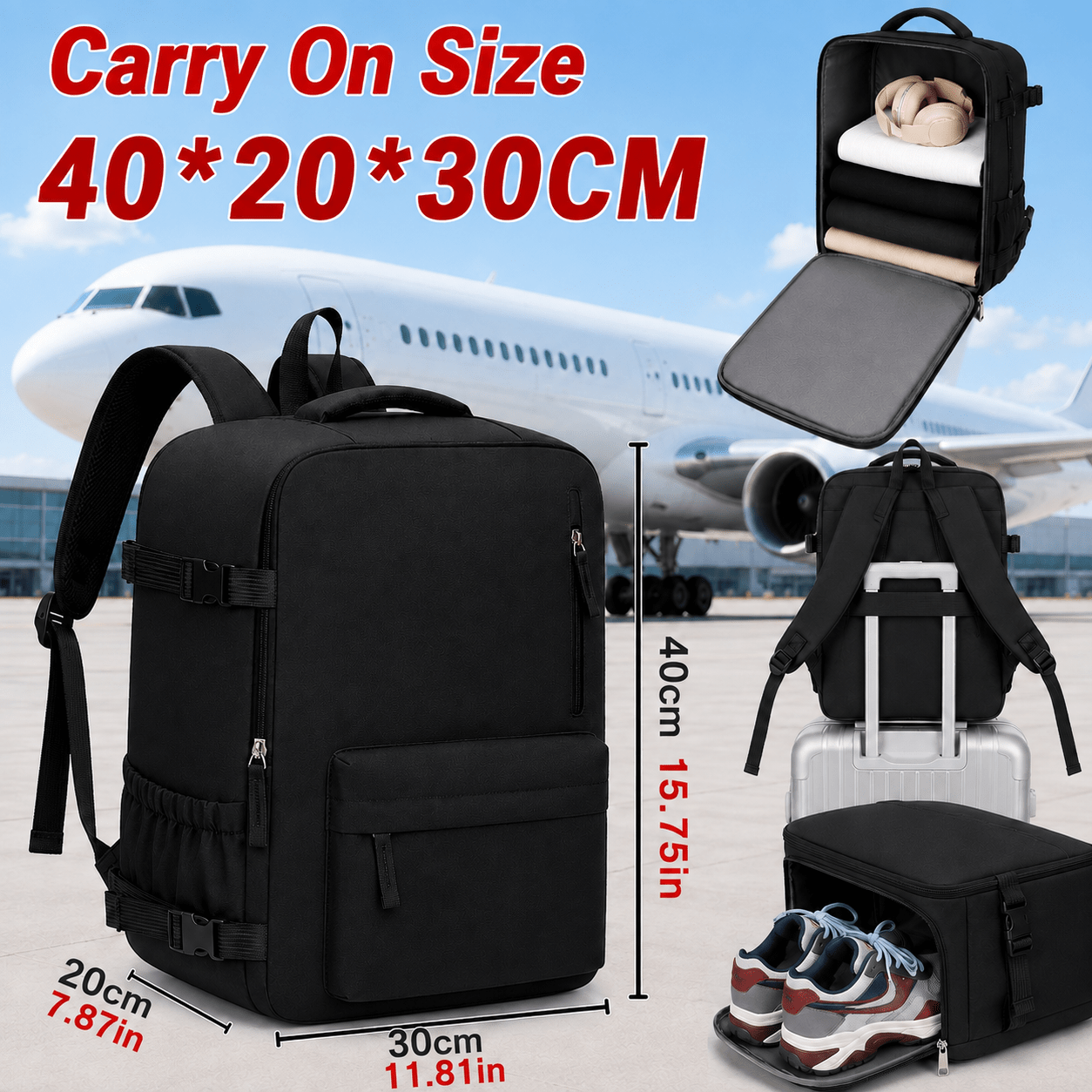 TEMU da Ryanair, misura 40X30X20 cm, offre una grande capacit� e una variet� di caratteristiche. Pu簷 riposto sotto il sedile, ha un scomparto per le