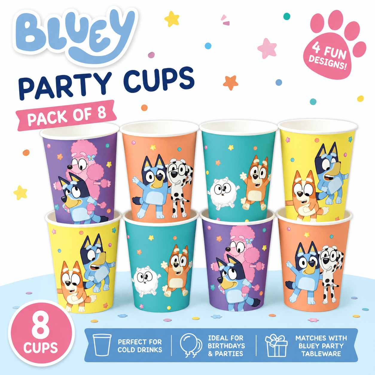 TEMU Party Cups Pack Of 8 | Colourful Birthday Drink Cups | Paper Party Tableware For Celebrations