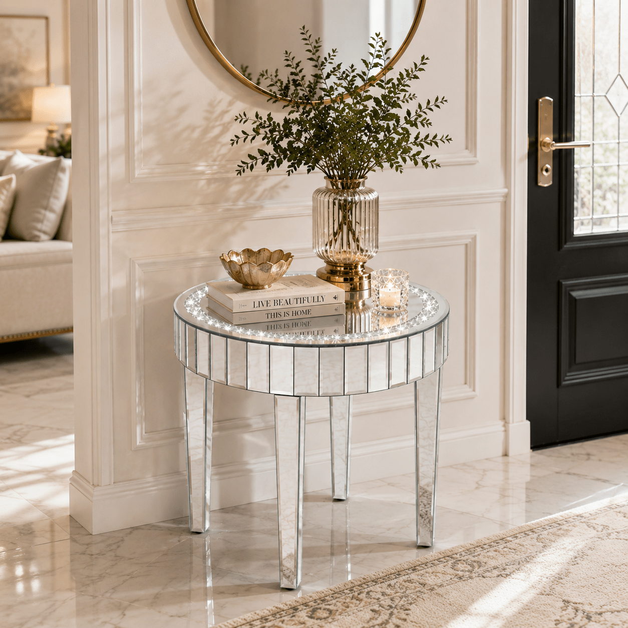 23.62" Mirrored Side Table with Crushed Diamond Inlay