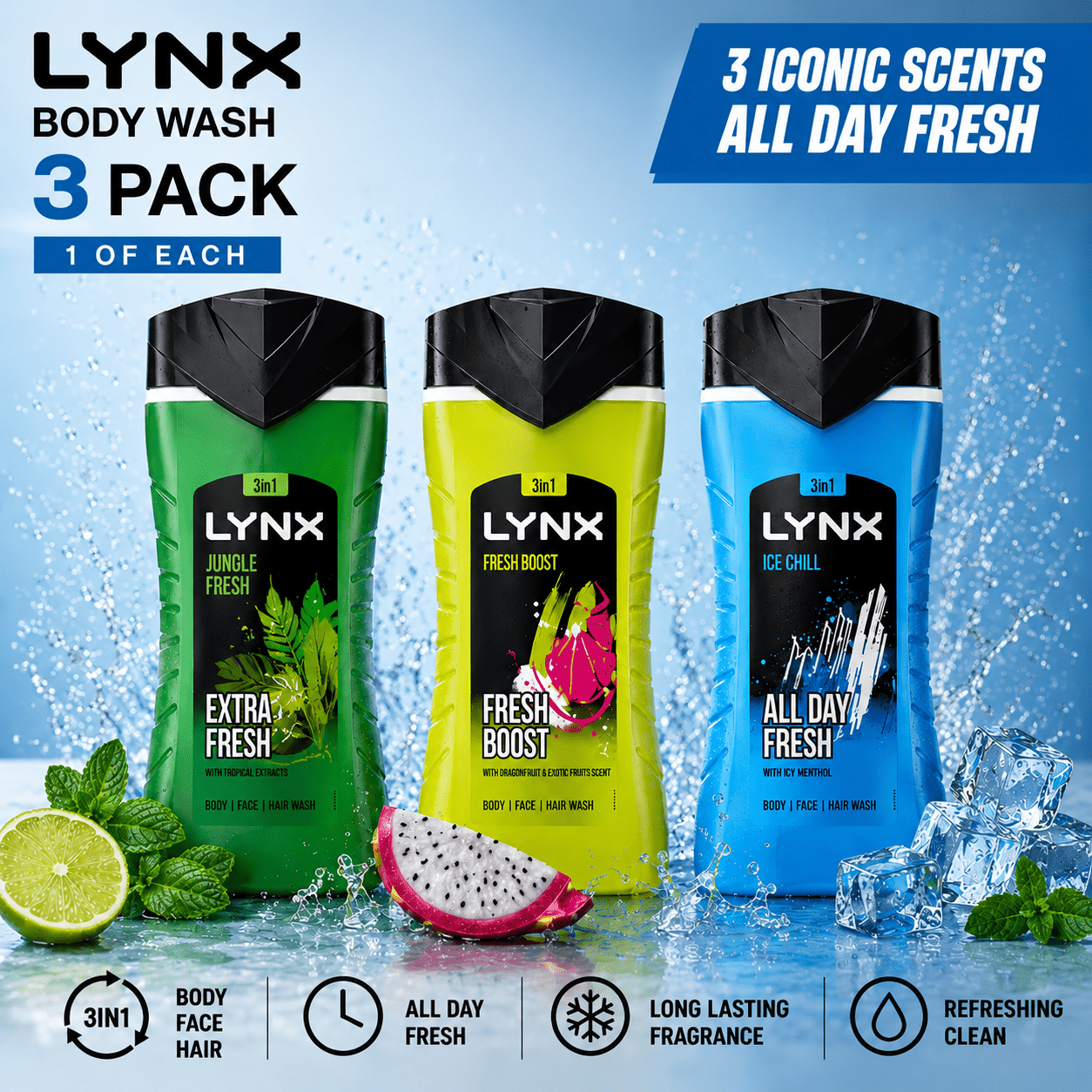 TEMU Lynx 3-in- Wash 3 Pack – , Fresh & | Body, Wash