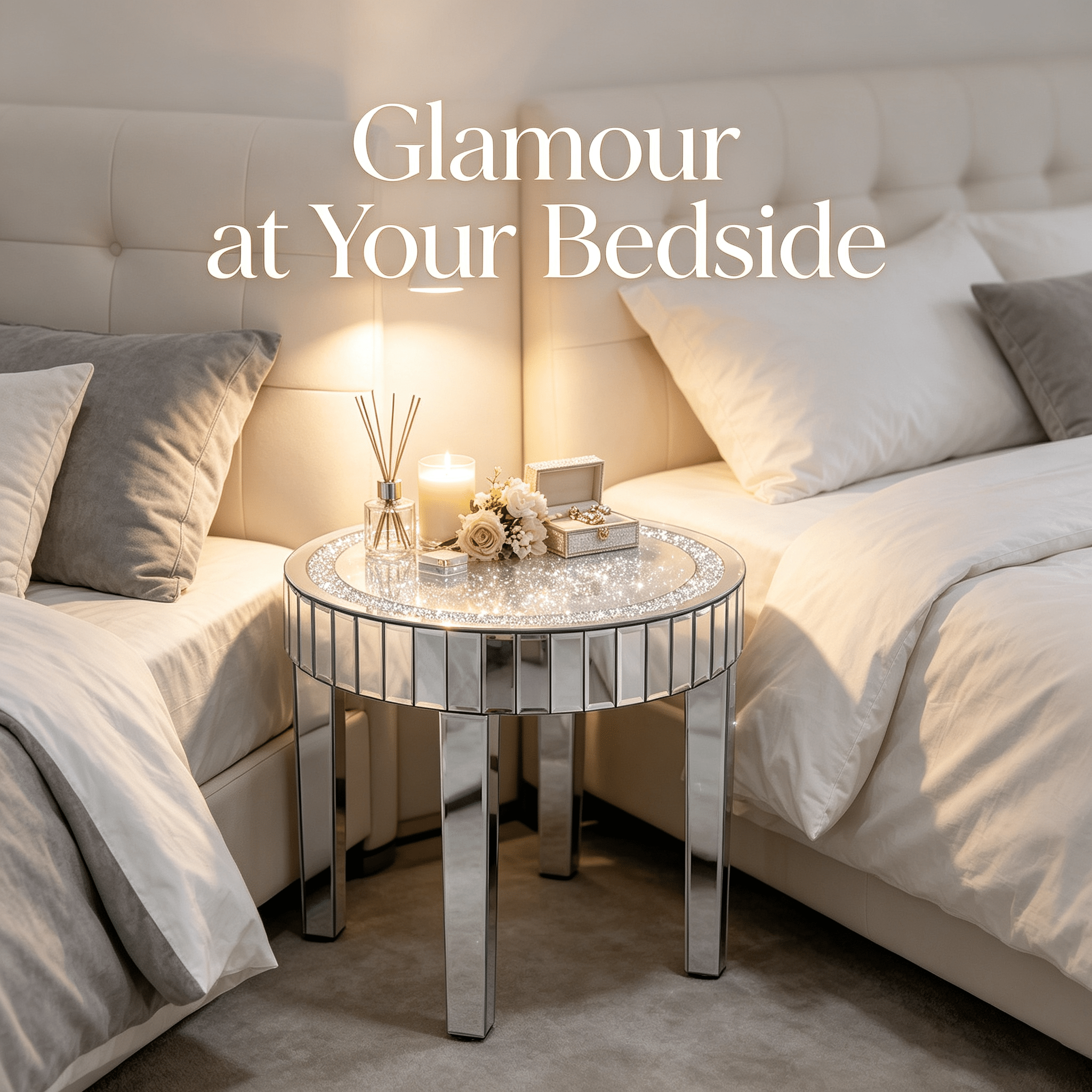 23.62" Mirrored Side Table with Crushed Diamond Inlay