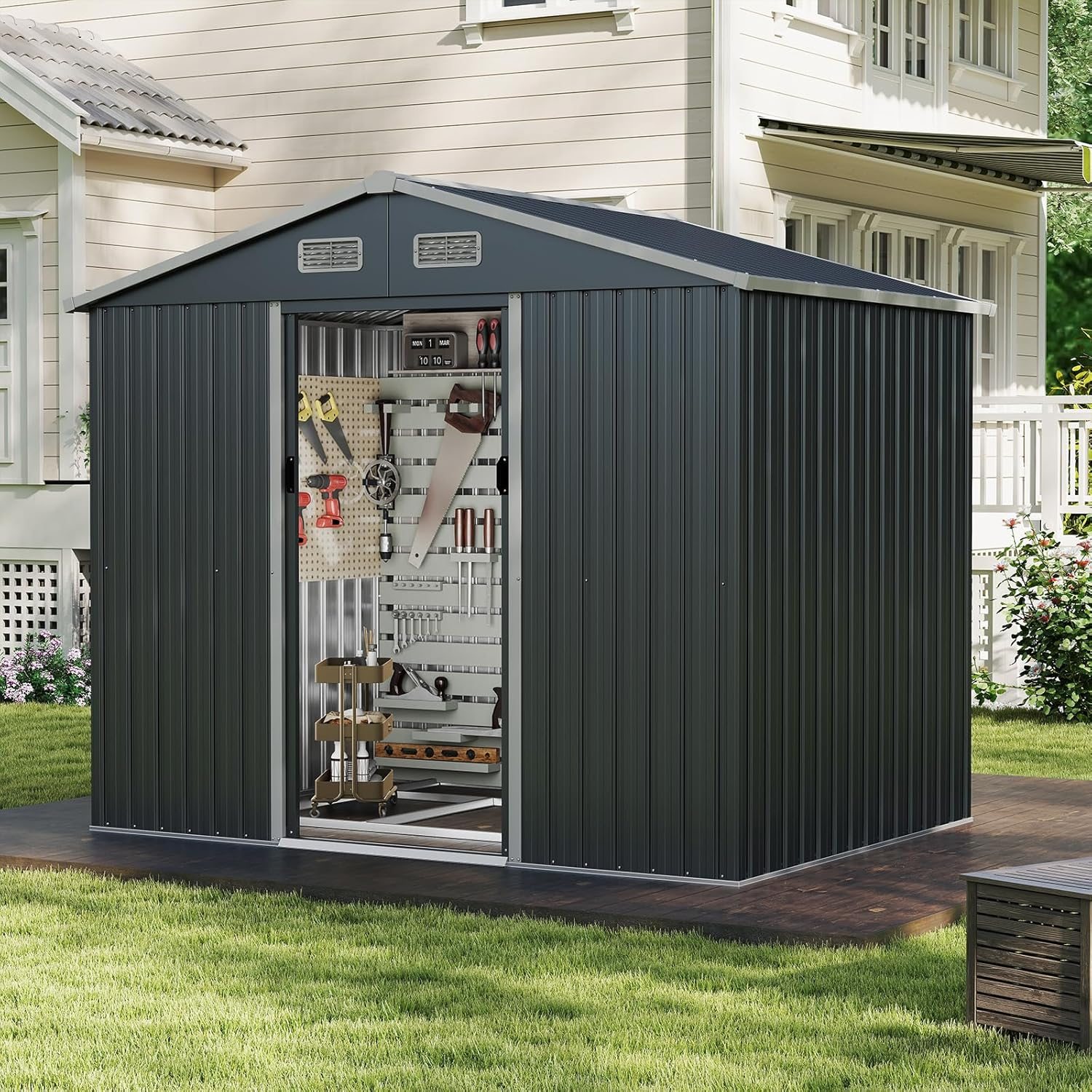 Image of Metal Garden Shelter With Tilted Roof, Temporary，removable, Foundation, Sliding Doors And Ventilations, Outdoor Storage Shelter