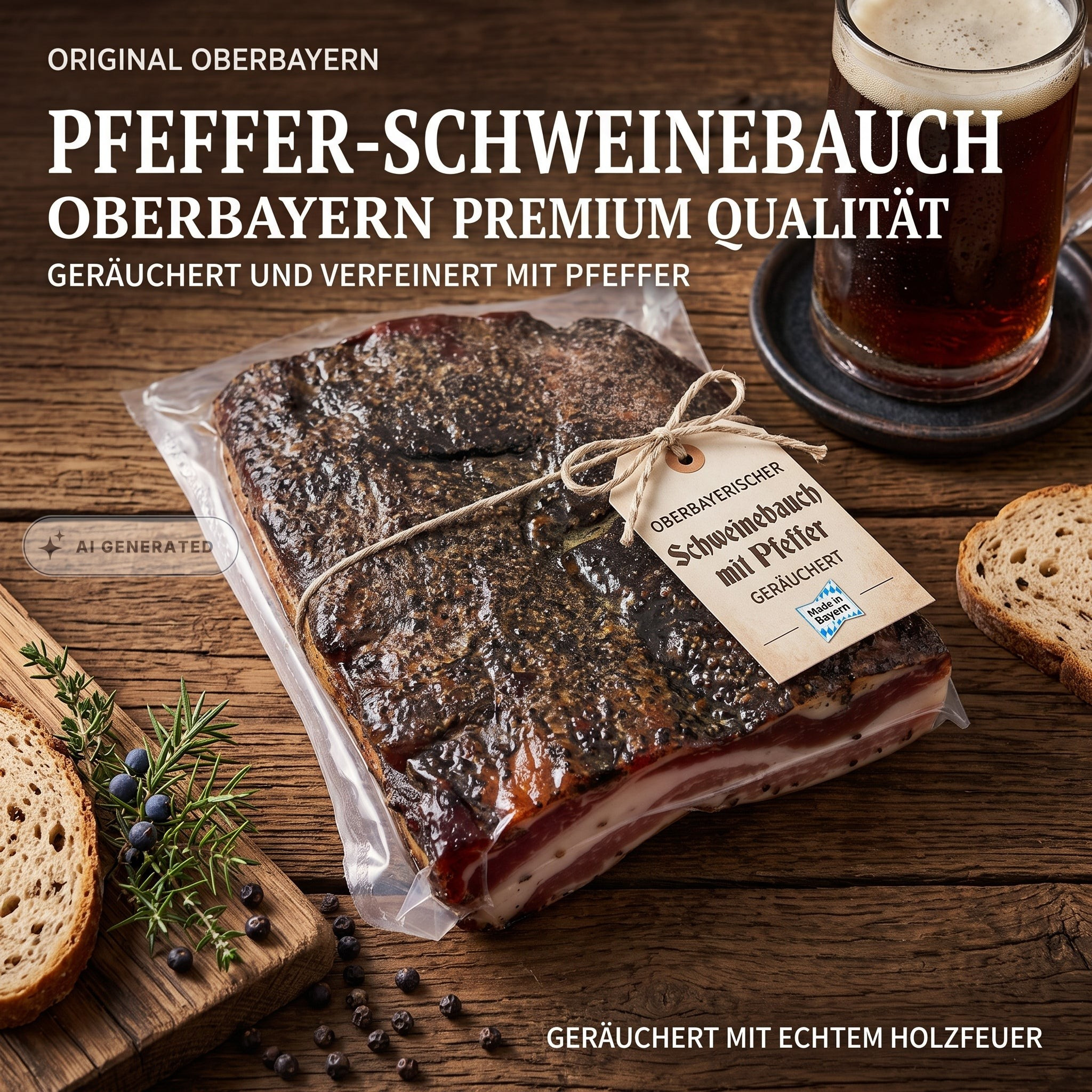 Image of Upper Bavarian Peppered Bacon 400g - Smoked Over Beechwood, Pork Belly With Peppery-spicy Crust - Traditionally Matured & Lactose-free