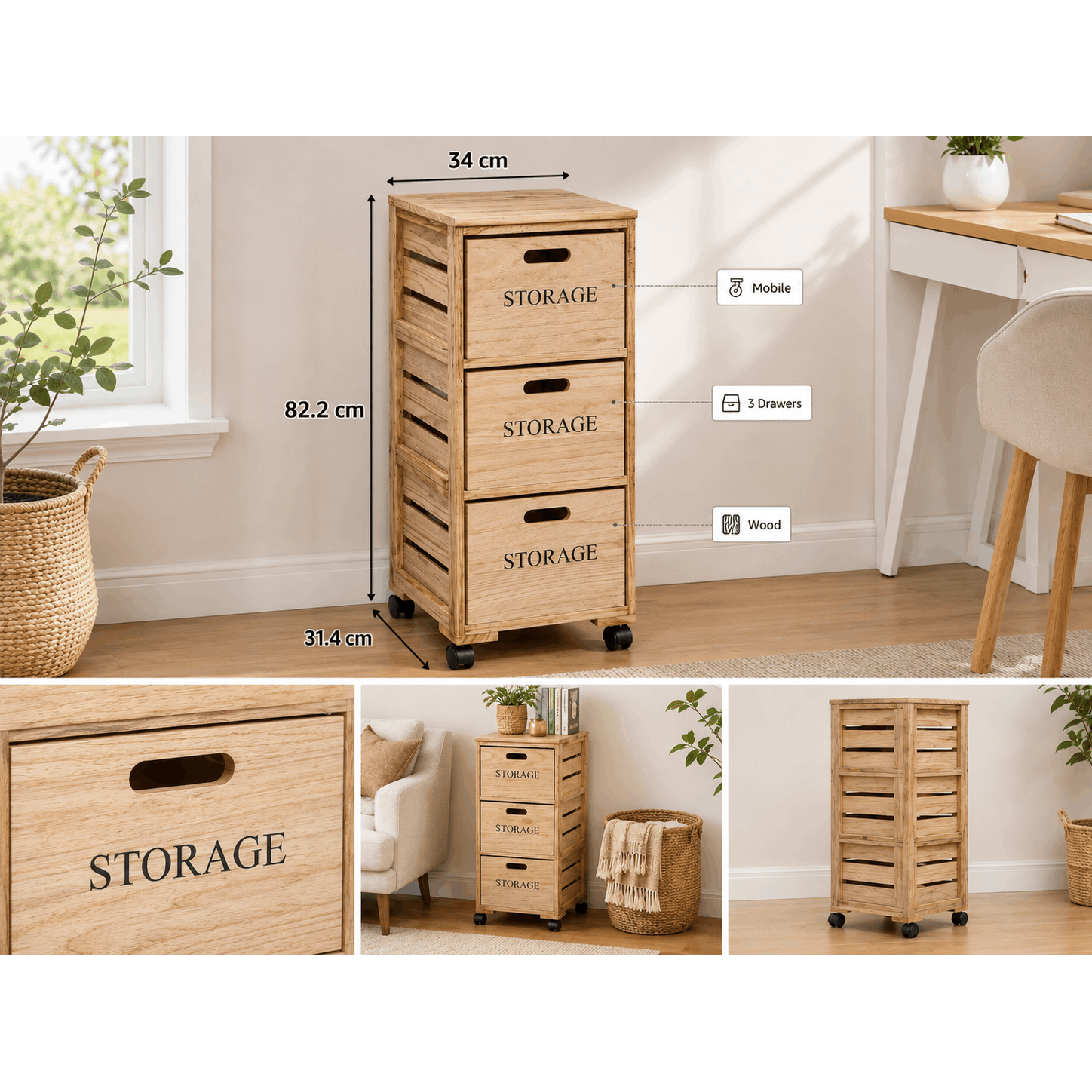 Temu Beige Meuble De Rangement 3 Tiroirs En Bois Sur Roulettes – Tour De Rangement 34 × 31,4 × 82,2 Cm – Chiffonnier Compact Pour Maison Et Bureau