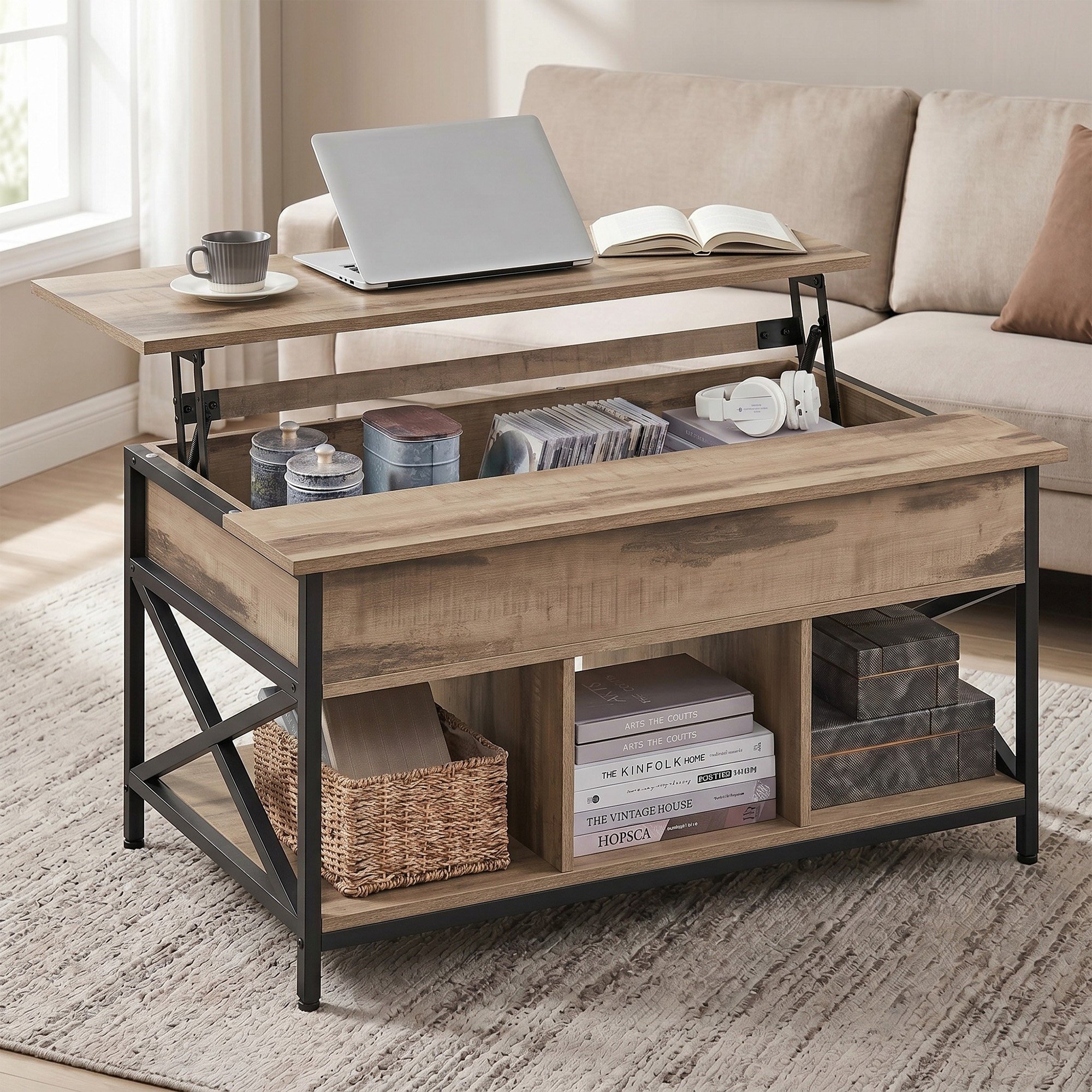 TEMU Coffee Table With Foldable Top And Hidden Storage Space, Industrial Style, 100 X 60 X 48-62 Cm