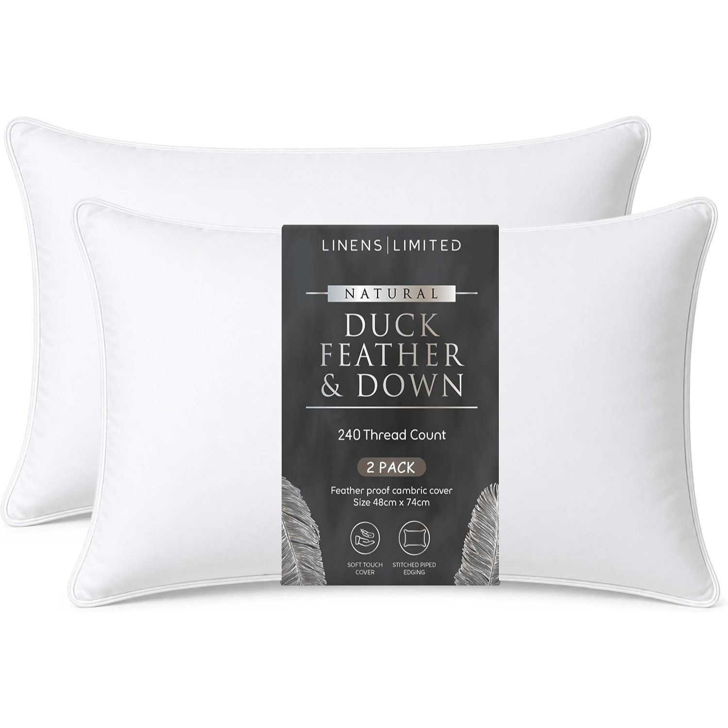 TEMU Duck Feather & Down Pillows 2 Pack – Hotel Quality Bed Pillows, Cosy Christmas Gift, 85% Feather 15% Down 1200g, Medium Support, Feather Proof