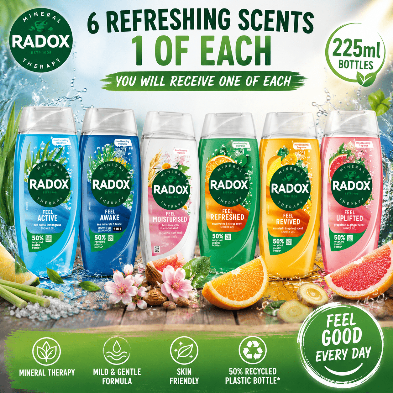 TEMU 6 X 225ml Radox Shower Gel Pack – 6 Different Scents, Each