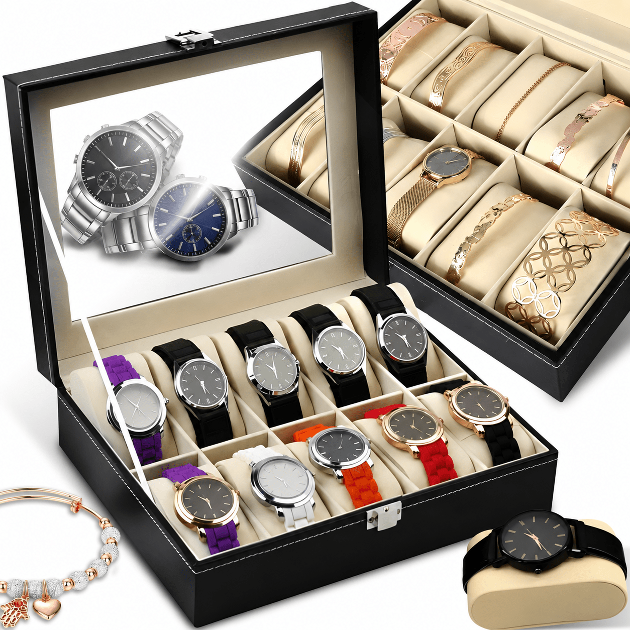 TEMU UHRENKASTEN ORGANISER BOX 10 Stück UHRENKASTEN GESCHENK 10 FÄCHER PRÄSENTATIONSBOX MIT AUSNAHMBAREN EINSATZTEILEN FÜR GESCHENK REISE ZU WARDROBE