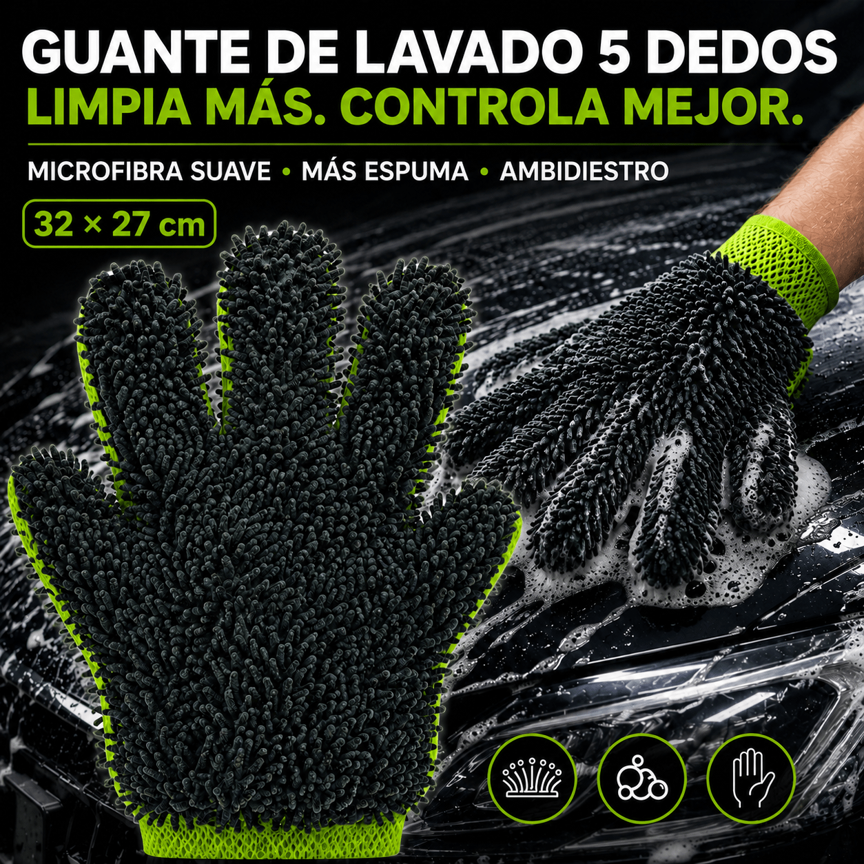 TEMU Guante de para Coche de 5 Dedos, 32 × 27 cm, Microfibra de Chenilla 100% Poliéster, , Retiene Agua y Jabón, para Carrocería, Retrovisores,