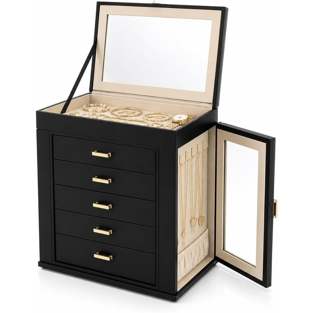 TEMU 6-tier Jewellery Box Organiser With 5 Drawers, Double Side Doors, Necklace Hooks & Mirror, Large Jewellery Storage Case For Rings, Earrings,