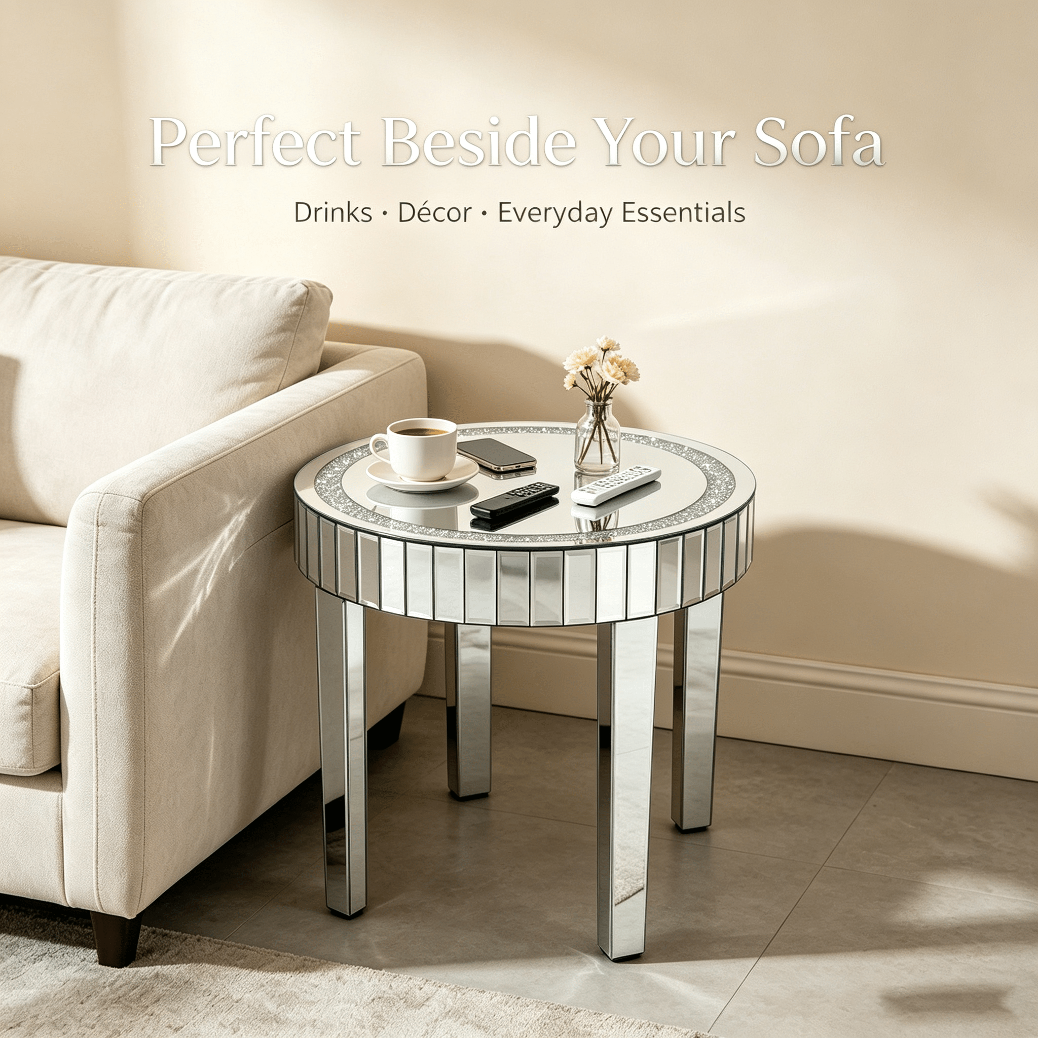 23.62" Mirrored Side Table with Crushed Diamond Inlay