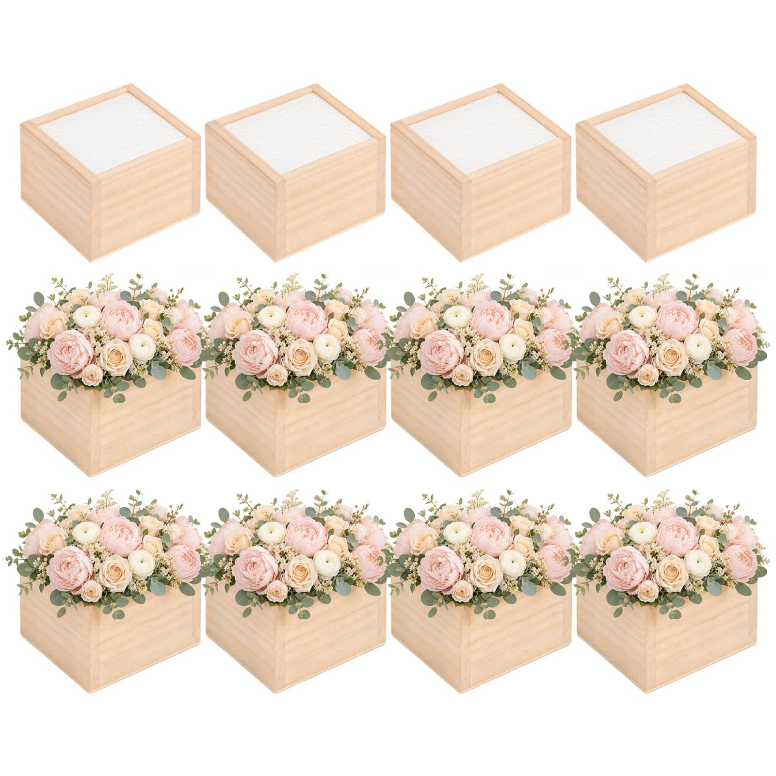 TEMU 12‑piece Set, 4‑inch Wooden Planters, Square Plant Pots For Table Centerpiece Decor, Rustic Cube Planter Boxes With Removable Liner, Square Vase