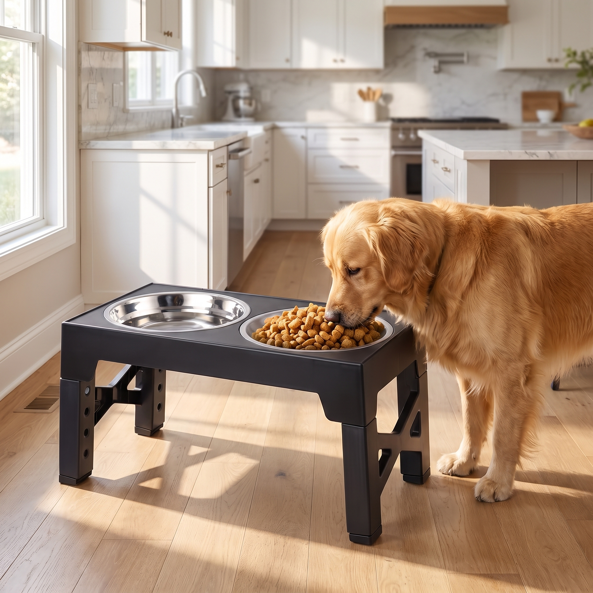Image of 2‑in‑1 Elevated Dog Bowls Set, 5 Height Adjustable Raised Pet Feeder With 2×1100ml Stainless Steel Bowls & 800ml Slow Feeder, Anti‑slip Foldable Stand For Small Medium Large Dogs Cats Healthy