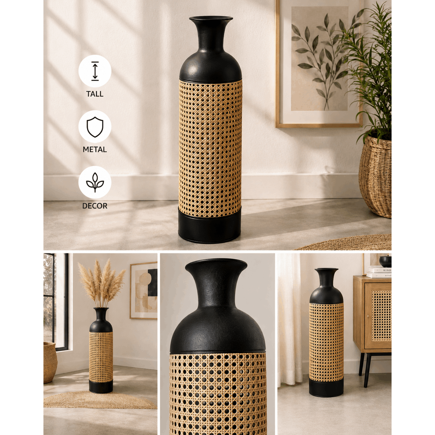 Image of Large Decorative Metal Vase In Black With Wicker Effect - H 60.5 Cm - Tall Vase For Living Room, Entrance And Bedroom