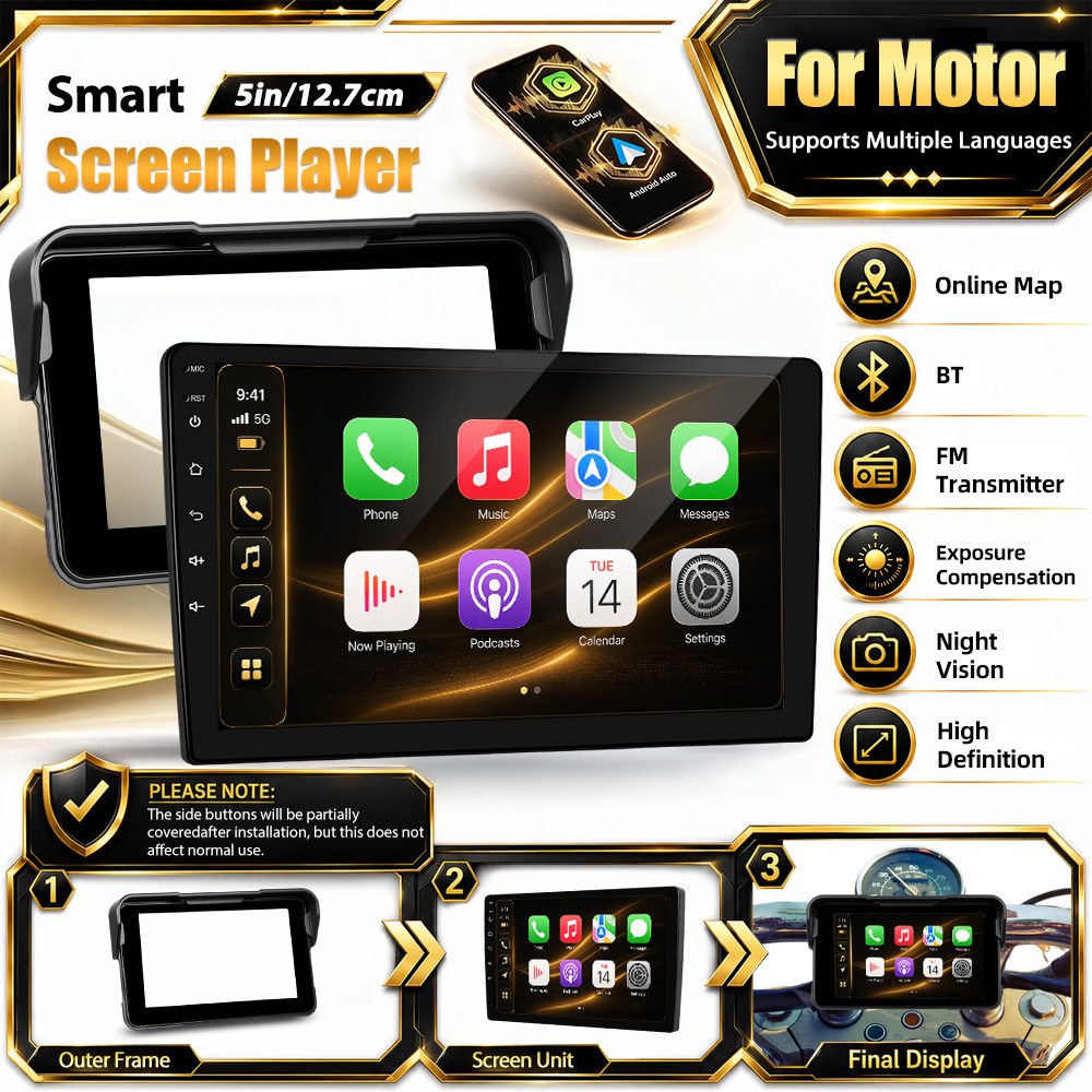 Image of 5" Hd Portable Motorcycle Player, & Wireless Auto, Gps , Bluetooth Fm, Multi-language Support Spanish, Lightweight For Motorbike Commuter & Road Trip