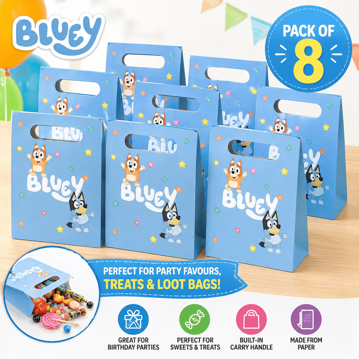 TEMU Paper Loot Bags – Pack Of 8 – Kids Birthday Party Treat Bags, Sweet Bags & Party Favour Bags