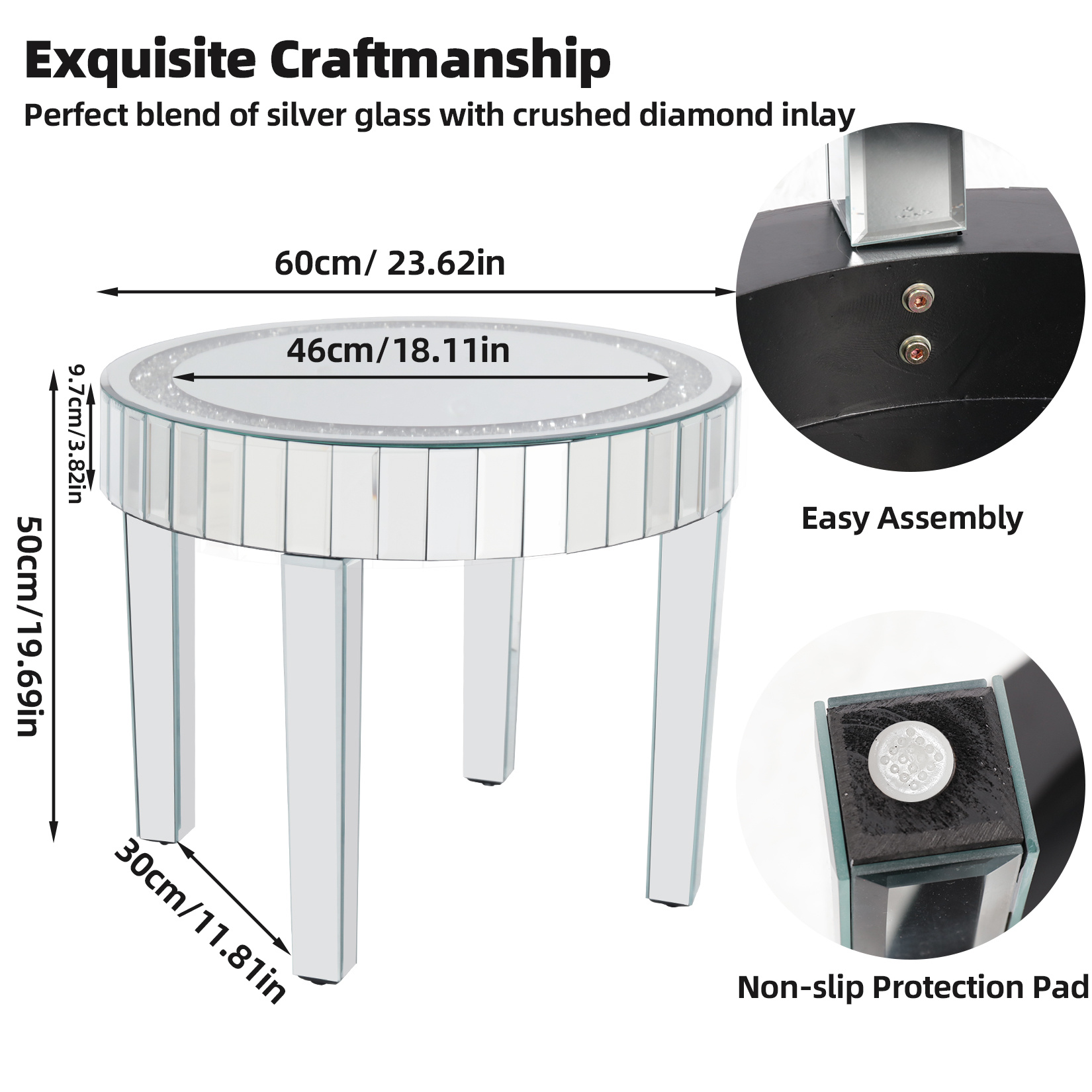 23.62" Mirrored Side Table with Crushed Diamond Inlay