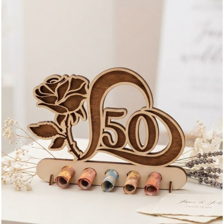 Image of Selectable Anniversary Number 25/50, 3d Wooden Gift Stand In Rose Shape, Thickened, . Gift Bag, Table Decoration For Wedding, Engagement, Anniversary, Advent, Christmas, And New Year's Eve.
