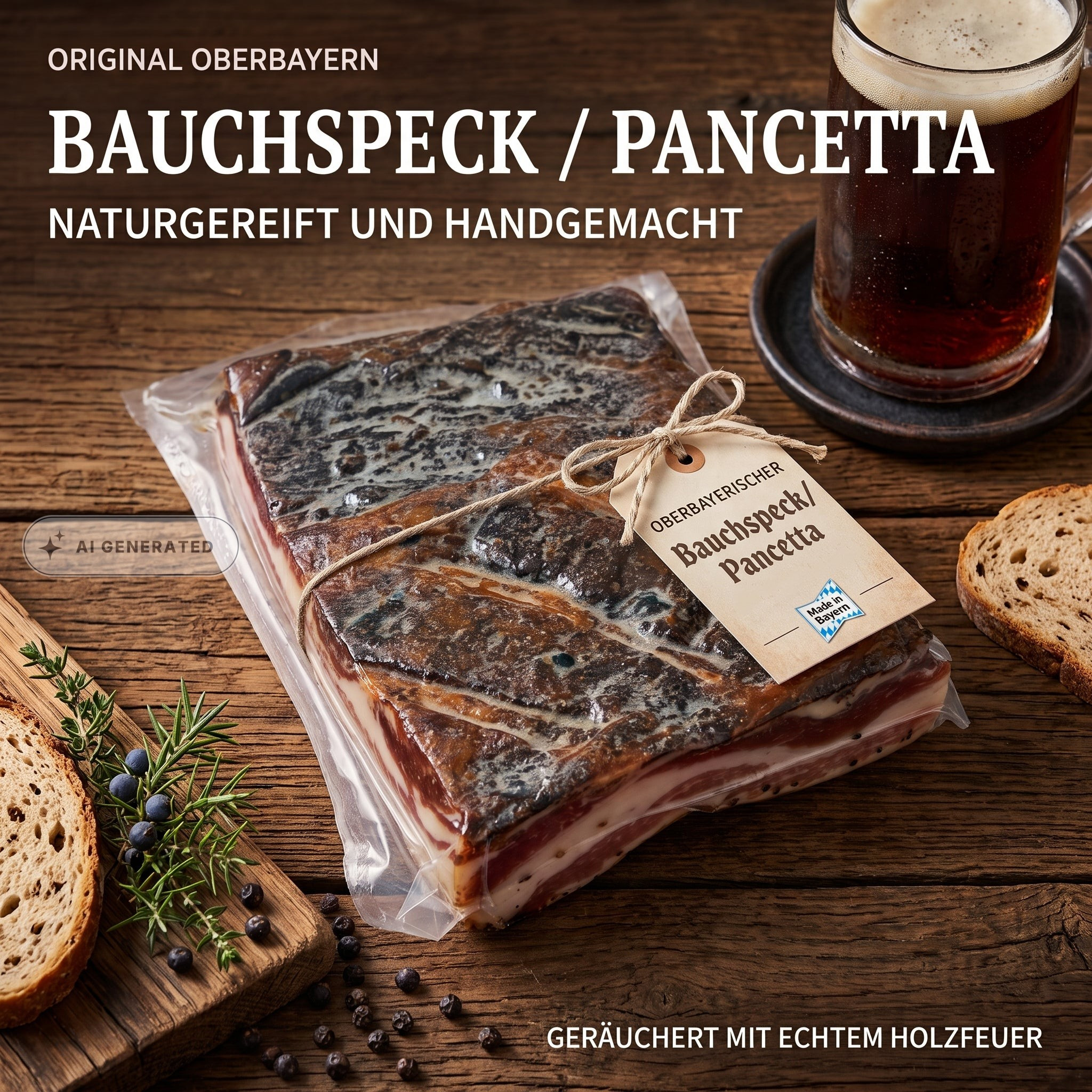 Image of Upper Bavarian Belly Bacon / Pancetta 400g - Naturally Matured & Handmade Pork Belly, Smoked Over Beechwood - Mild Melt For Snack Time & Fine Cuisine